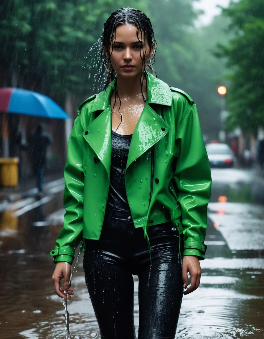 photo of young woman, in soaking wet, drenched clothes,
Black leather ankle boots, soaked and glistening , skin tight black leather jeans, saturated, water-drenched neon green oversize t-shirt, black leather jacket, saturated, black trench coat, standing in heavy rain, drenched, close up, 
enjoying, wet clothes stuck to body,
detailed textures of the wet clothes, wet face, wet plastered hair,
wet, drenched, professional, high-quality details, full body view.
sharp focus, ultra-high pixel detail, realistic, high-quality, full colors, incredibly detailed, 4k, 8k, 16k, hyper-realistic, RAW photo, masterpiece, ultra-detailed, professionally color graded, professional photograph, streaming raindrops, fabric transparency, high-contrast water cling, cinematic lighting, photorealistic, 8k, water dripping from hem, storm aftermath atmosphere, wet skin, wet clothes, damp fabric, wet skin, wet clothes, damp fabric