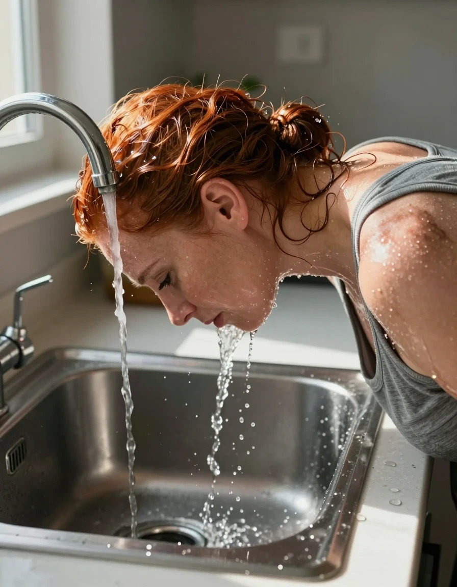 A side head-and-shoulders view of a mid-30s red-haired woman in a kitchen, leaning her head deep into the stainless steel sink basin. Her head is centered directly under the running faucet, with a steady stream of water pouring onto the nape of her neck and soaking her hair. The water cascades over her hair and face, with realistic droplets and streams dripping into the sink. She is wearing a medium heather gray tank top that is visibly darkened and clinging to her shoulders where the water has splashed. The scene is illuminated by bright, natural sunshine streaming through a nearby window, creating a high-contrast wet sheen on her skin and hair. Photorealistic, 8k resolution, cinematic lighting, detailed water textures, focus on the interaction between the flowing water and the fabric.