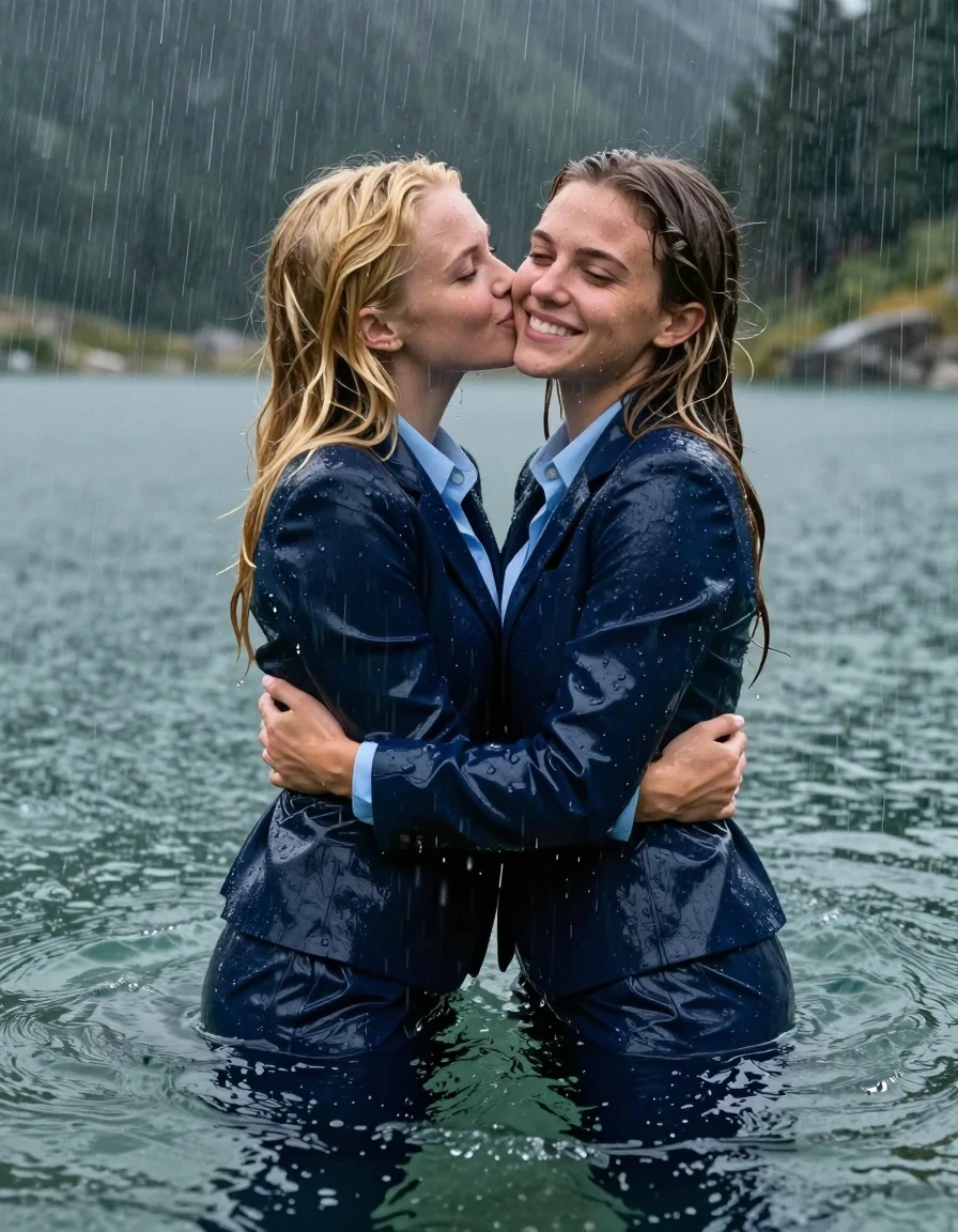A hyper-realistic cinematic shot of two beautiful young European women with long blonde hair and side partings, completely submerged and swimming in a deep, clear mountain lake during a heavy rainstorm. They are captured in an intimate embrace, kissing and hugging while looking toward the camera with happy expressions. They are fully clothed in dark blue business suits, consisting of dark blue long business trousers and dark blue business suit jackets worn over light blue long-sleeved button-down business shirts. The clothing is completely soaked, drenched, and heavily clinging to their bodies, exhibiting a distinct wetlook with translucent, damp fabric textures and deep, darkened colors. Their skin is glistening with water droplets and a realistic wet sheen, with wet hair strands framing their faces. The environment features a dramatic, heavy rain shower pouring down onto the surface of the mountain lake, creating ripples and chaotic water movement. High-detail, photorealistic lighting, 8k resolution, sharp focus on the subjects, wet skin texture, heavy fabric saturation, atmospheric storm lighting.