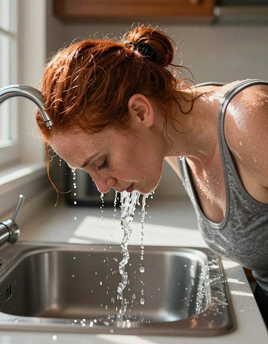 A photorealistic side head-and-shoulders view of a mid-30s red-haired woman wearing a medium heather gray tank top, leaning her head deep into a kitchen sink basin. Her head is centered directly under a running faucet, with a steady stream of water pouring onto the top back of her neck and cascading over her hair and face, creating visible water sheen, droplets, and rivulets. The tank top is visibly soaked, clinging to her skin with a darker, saturated gray color and realistic fabric weight. The kitchen is brightly lit by warm sunshine streaming through a nearby window, illuminating the water droplets and the wet texture of her skin and hair. Sharp focus, cinematic lighting, high-detail water simulation, realistic skin pores and wet fabric texture.