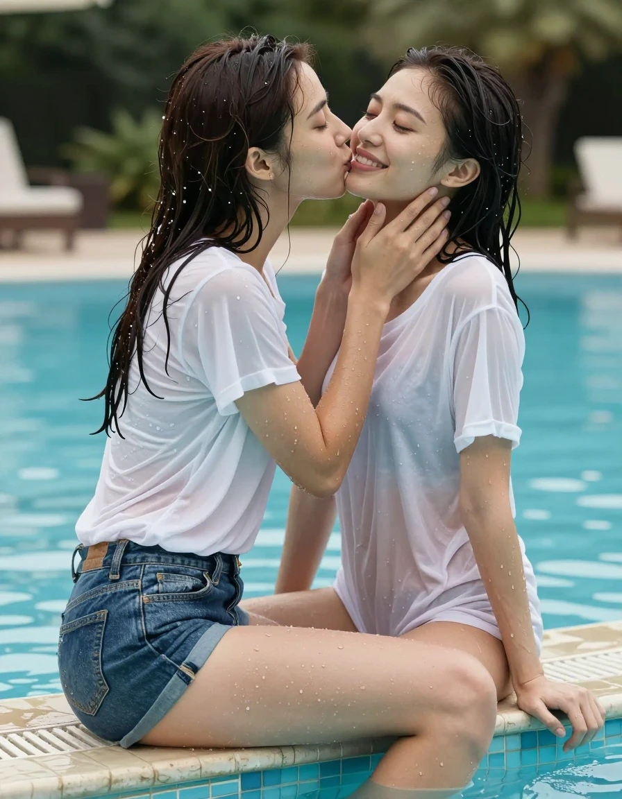photo of young woman, in soaking wet, drenched clothes,
Jean shorts, T shirt, Pool, 
enjoying, wet clothes stuck to body,
detailed textures of the wet clothes, wet face, wet plastered hair,
wet, drenched, professional, high-quality details, full body view.
sharp focus, ultra-high pixel detail, realistic, high-quality, full colors, incredibly detailed, 4k, 8k, 16k, hyper-realistic, RAW photo, masterpiece, ultra-detailed, professionally color graded, professional photograph, Full body shot of skinny cute woman, smiling, soaking wet, sitting on the side of pool, kissing another woman., wet skin, wet clothes, damp fabric