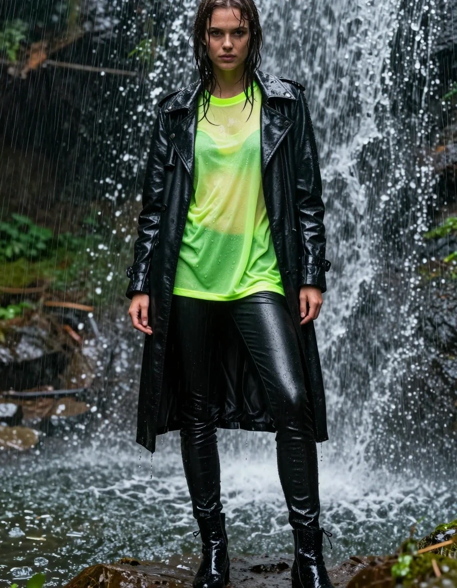 A photorealistic close-up of a young adult European woman standing in a waterfall within a lush forest during a heavy rainstorm. She is wearing a water-drenched neon green oversize t-shirt that shows fabric transparency, layered under a saturated black leather jacket and a long black trench coat, all clinging to her body. Her skin-tight black leather jeans are completely saturated, paired with black leather ankle boots that are soaked and glistening. The scene features heavy water pouring over her, with streaming raindrops, high-contrast water cling, and visible water dripping from the hems of her heavy, drenched clothing. Her skin and hair are visibly wet, with a realistic sheen and dark, damp fabric textures. The atmosphere is that of a storm aftermath with cinematic lighting, sharp focus, and 8k photographic detail. The composition focuses on the subject in an outdoor forest environment, strictly avoiding any nudity, lingerie, swimwear, dry clothes, indoor settings, sunsets, night, blurriness, illustrations, or cartoons.