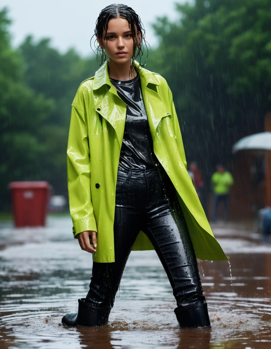 photo of young woman, in soaking wet, drenched clothes,
Black leather ankle boots, soaked and glistening , skin tight black leather jeans, saturated, water-drenched neon green oversize t-shirt, black leather jacket, saturated, black trench coat, standing in heavy rain, drenched, close up, 
enjoying, wet clothes stuck to body,
detailed textures of the wet clothes, wet face, wet plastered hair,
wet, drenched, professional, high-quality details, full body view.
sharp focus, ultra-high pixel detail, realistic, high-quality, full colors, incredibly detailed, 4k, 8k, 16k, hyper-realistic, RAW photo, masterpiece, ultra-detailed, professionally color graded, professional photograph, streaming raindrops, fabric transparency, high-contrast water cling, cinematic lighting, photorealistic, 8k, water dripping from hem, storm aftermath atmosphere, wet skin, wet clothes, damp fabric, wet skin, wet clothes, damp fabric