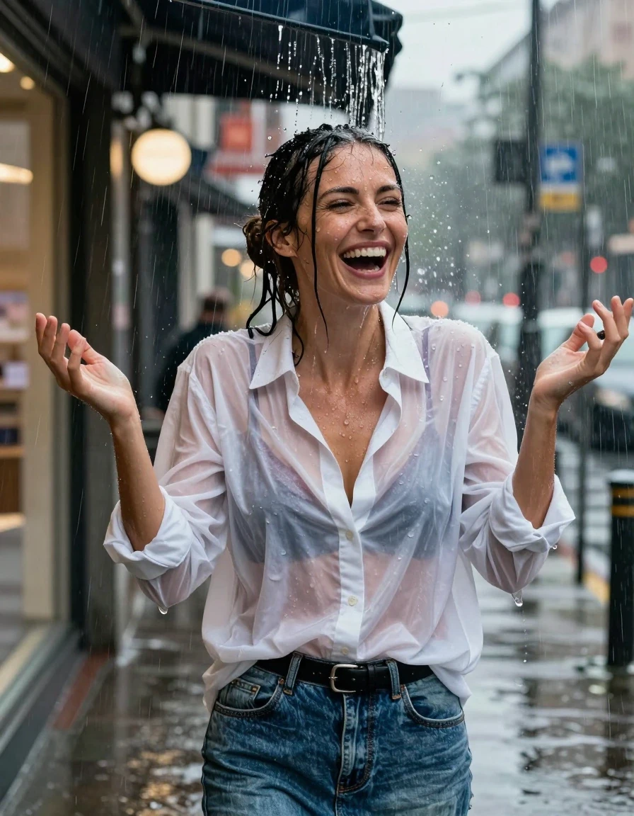 A waist-up, high-resolution photorealistic shot of a mid-30s brunette woman with her hair styled in a sleek bun, standing on an urban sidewalk at night during a heavy rainstorm. She is positioned directly under the edge of a shop awning, caught in a sudden, intense deluge of water pouring from the awning onto her head and shoulders. Her hair is completely drenched and plastered to her head, with water droplets cascading down her face and neck. She wears an oversized white cotton button-down shirt that has become translucent from the heavy saturation, clearly revealing a maroon bra underneath. The fabric is heavy, clinging to her skin with deep wet folds and a dark, soaked texture. She is captured in a moment of surprised laughter, her hands raised instinctively near her shoulders. She wears a denim skirt cinched with a black leather belt. The background features blurred city store lights reflecting off the wet pavement in the rainy night air. Cinematic lighting, sharp focus on the wet textures, water sheen on skin, realistic raindrops, high-speed photography style.