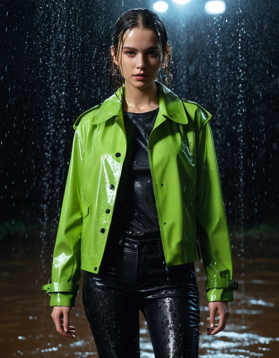 photo of young woman, in soaking wet, drenched clothes,
Black leather ankle boots, soaked and glistening , skin tight black leather jeans, saturated, water-drenched neon green oversize t-shirt, black leather jacket, saturated, black trench coat, standing in heavy rain, drenched, close up, 
enjoying, wet clothes stuck to body,
detailed textures of the wet clothes, wet face, wet plastered hair,
wet, drenched, professional, high-quality details, full body view.
sharp focus, ultra-high pixel detail, realistic, high-quality, full colors, incredibly detailed, 4k, 8k, 16k, hyper-realistic, RAW photo, masterpiece, ultra-detailed, professionally color graded, professional photograph, streaming raindrops, fabric transparency, high-contrast water cling, cinematic lighting, photorealistic, 8k, water dripping from hem, storm aftermath atmosphere, wet skin, wet clothes, damp fabric, wet skin, wet clothes, damp fabric