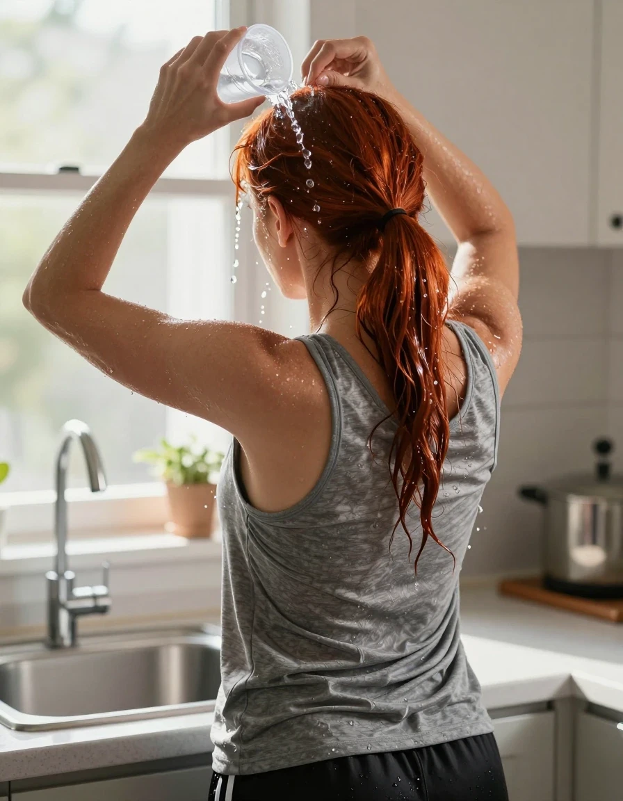 A photorealistic back view of a mid-30s European woman with vibrant red hair styled in a ponytail, standing in a sunlit kitchen in front of a sink. She is wearing a medium heather gray tank top and black athletic shorts. She is actively pouring water from a plastic cup directly onto the crown of her hair. The water cascades down, creating realistic wet streaks through her hair and saturating the fabric of her gray tank top, causing it to darken, cling to her skin, and exhibit heavy, wet folds and texture. The scene is captured in high-detail 8k resolution, highlighting the glistening water droplets, the sheen on her damp hair and skin, and the contrast between the dry and soaked areas of her clothing. Bright, natural sunshine streams through a nearby window, casting warm highlights on the water and the kitchen surfaces, with a shallow depth of field focusing on the texture of the wet fabric and cascading water.