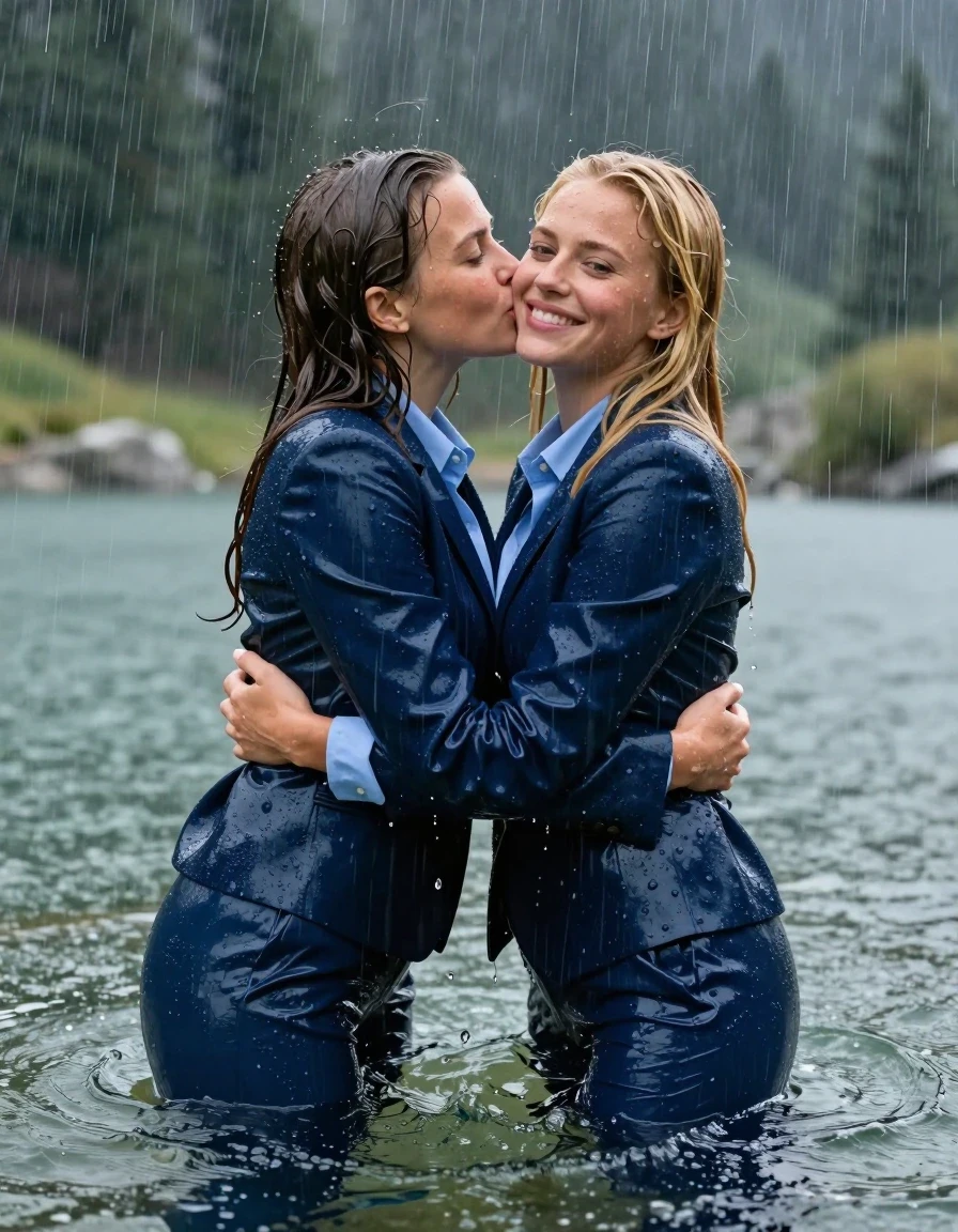 A photorealistic cinematic shot of two young adult European women, one with long blonde hair with a side parting, completely submerged and swimming in a clear mountain lake during a heavy, intense rainstorm. Both women are fully clothed in dark blue business suits, consisting of dark blue long business trousers and dark blue suit jackets worn over light blue button-down long-sleeve shirts. The fabric is completely soaked, drenched, and heavy, clinging tightly to their skin in a realistic wetlook, with translucent damp fabric texture and deep color saturation. They are captured in an intimate moment, hugging each other closely with arms wrapped around each other's necks, one pair of lips meeting in a kiss while looking toward the camera with happy expressions. The scene is set under a torrential downpour, with visible water droplets and heavy rain streaks, creating a wet skin sheen and slick, water-matted hair. High-contrast lighting, sharp focus on the subjects, hyper-detailed skin texture, realistic water physics, cinematic composition, 8k resolution, professional photography.