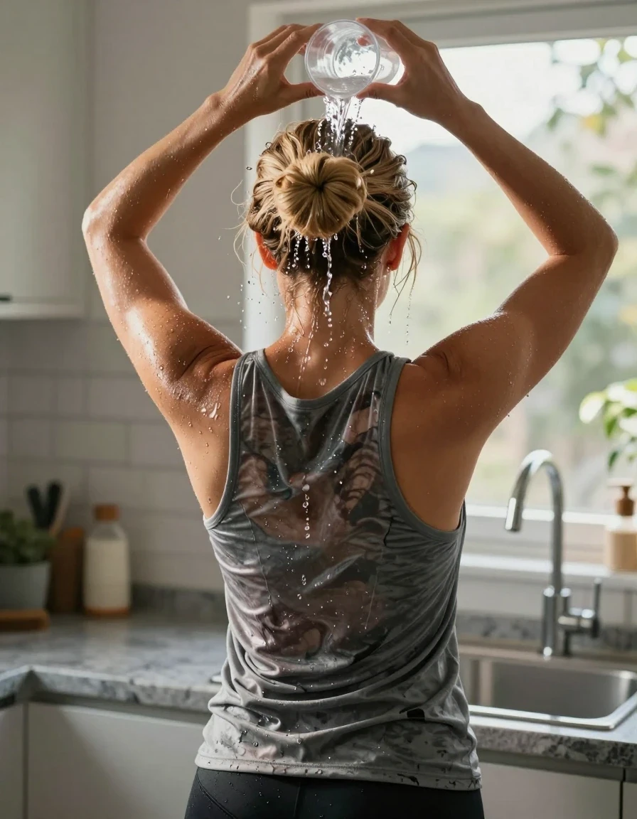 A photorealistic back view of a mid-30s strawberry-blonde woman with hair pulled up into a messy bun, standing in a sunlit kitchen in front of a sink. She is wearing a medium gray tank top and black athletic shorts. In a candid moment of cooling off on a hot day, she is pouring water from a plastic cup directly onto the crown of her hair. Streams of water cascade down her head and across her shoulders, soaking her hair and creating dark, clinging, saturated patches on her gray tank top where the fabric is partially wet and translucent. The lighting is bright and natural, with brilliant sunshine streaming through a nearby window, catching the glistening droplets and the wet sheen on her hair and skin. High-detail photography, sharp focus on the water flow and fabric texture, cinematic kitchen interior, realistic water physics, hyper-realistic wet-look effect.