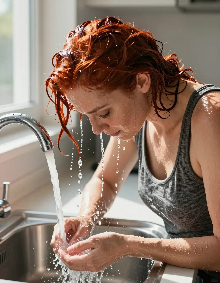A photorealistic, high-detail overhead head-and-shoulders view of a mid-30’s European woman with vibrant red hair, wearing a medium heather gray tank top. The subject is standing in a brightly lit kitchen, leaning her head deep into the basin of a sink. She is drenching her hair under a steady stream of water flowing directly from the faucet, with her head fully positioned under the tap. The water flows visibly onto her soaked, darkened hair, creating a heavy, saturated texture. Streams of water run down her hair and over her face, dripping into the stainless steel sink basin. The fabric of the heather gray tank top is darkened and clings to her shoulders where splashed with water, exhibiting a realistic wet sheen and heavy, soaked texture. Bright, natural sunshine streams through a nearby window, illuminating the water droplets and the glistening, wet surfaces of her hair and skin. Cinematic lighting, sharp focus on the water motion and hair texture, hyper-realistic, 8k resolution, professional photography.