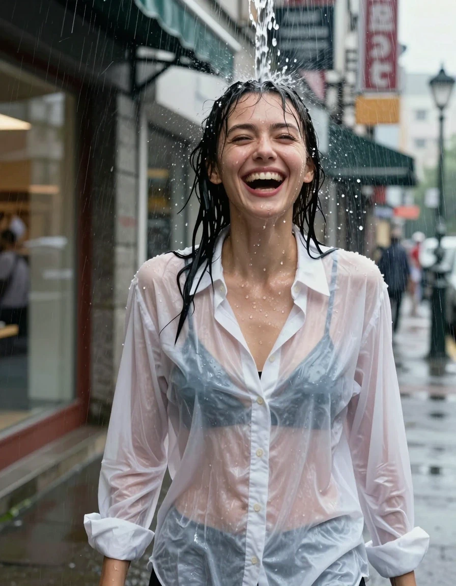 Waist-up photorealistic shot of a young adult European woman standing on an urban sidewalk with storefronts in the background, caught in a sudden, heavy deluge of water pouring from the edge of an awning directly onto her head. Her hair is completely soaked, plastered to her scalp and face, with water droplets streaming down her skin. She is wearing a white oversized cotton button-down shirt that is heavily saturated, translucent, and clinging to her body, revealing a dark black bra underneath. Her expression is one of genuine, surprised laughter. The lighting is natural daylight, emphasizing the high-gloss sheen of wet skin, the darkened, heavy texture of the soaked fabric, and the dynamic movement of water splashing. Hyper-detailed textures, cinematic lighting, 8k resolution, captured on 35mm lens.