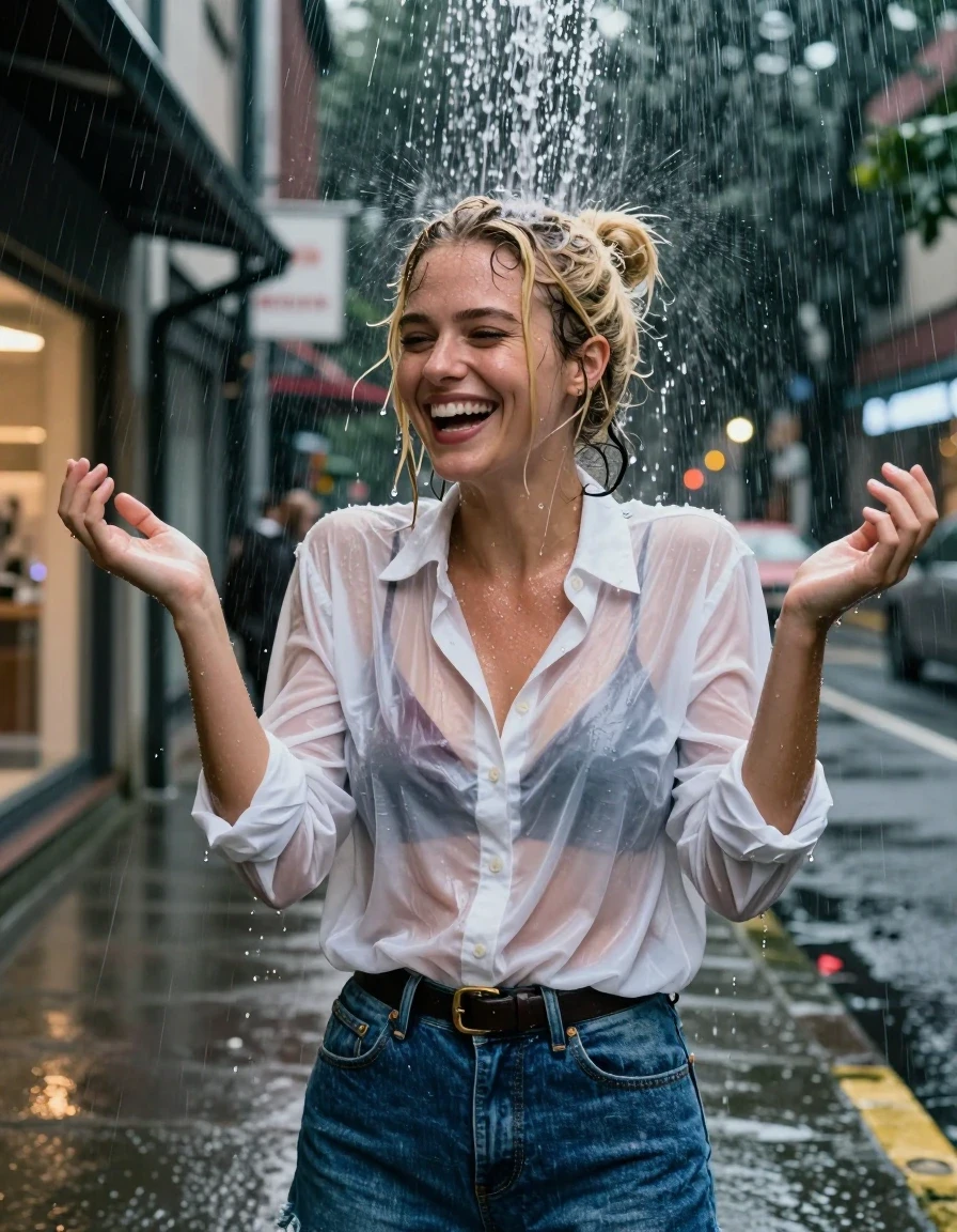 A waist-up photorealistic shot of a young adult European woman with blonde hair styled in a messy bun, standing on an urban sidewalk at night during a heavy rainstorm. She is positioned directly under a deluge of water pouring from a rooftop drainpipe, which cascades over her head and shoulders, leaving her hair completely soaked, heavy, and dripping with water. She is wearing a white oversized cotton button-down shirt that has become translucent from the intense saturation, revealing a burgundy bra underneath. She wears a blue denim skirt cinched with a black leather belt. Her expression is one of joyful laughter, head turned slightly to the side, hands raised, with water sheen visible on her drenched skin and clothing, emphasizing the heavy folds and clinging texture of the wet fabric. The background features blurred city storefronts with glowing neon lights reflecting on the wet pavement. High-contrast cinematic lighting, sharp focus on the water droplets and skin texture, 8k resolution, hyper-realistic, captured with a fast shutter speed to freeze the falling water.
