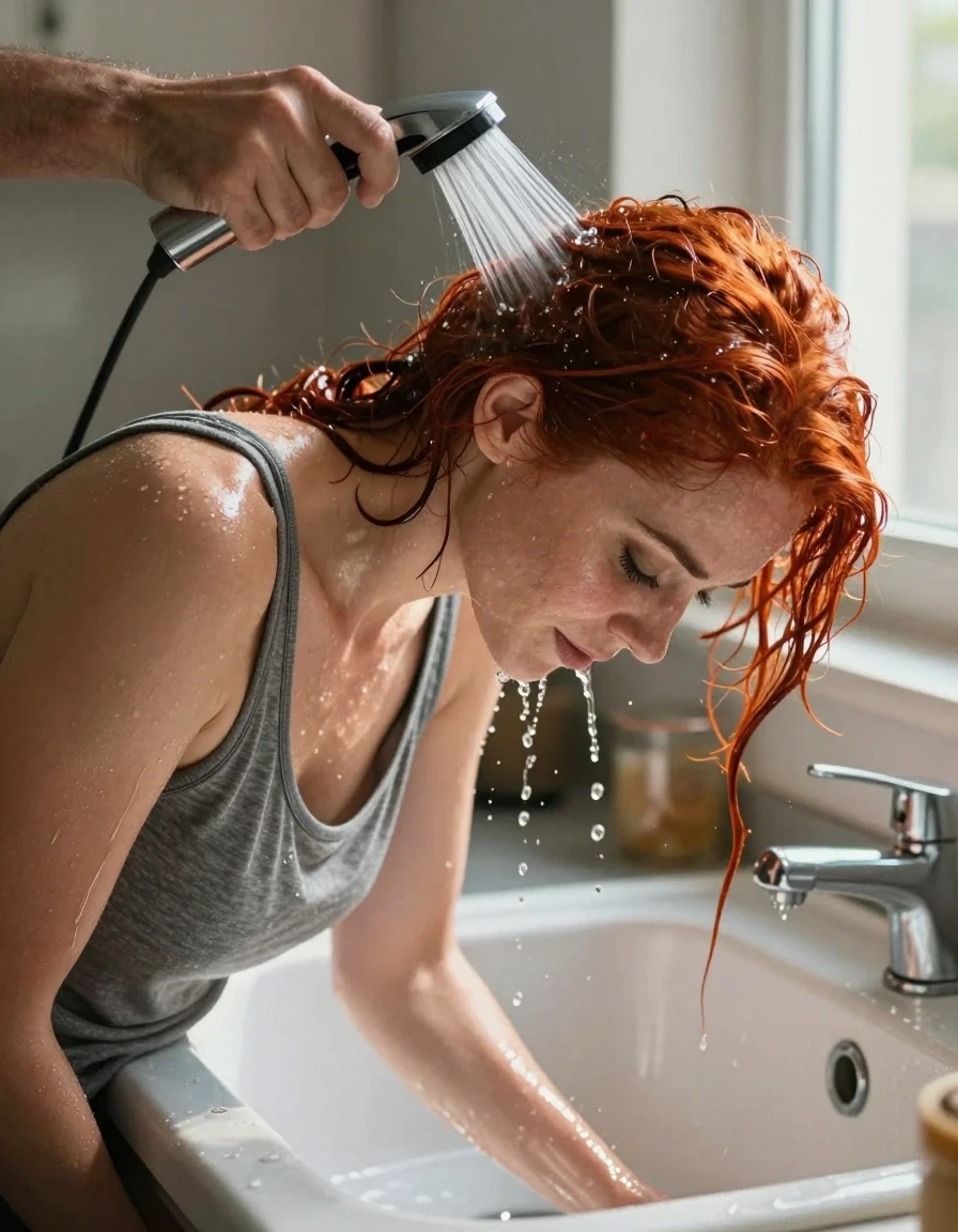 A hyper-realistic side head-and-shoulders view of a mid-30s European woman with vibrant red hair, leaning her head face down deep into a kitchen sink basin. She is wearing a medium heather gray tank top that is partially soaked, with the fabric darkening, clinging to her skin, and showing realistic wet texture and folds. A man's hand reaches into the frame, holding a sink sprayer pointed at the back of her head, with a steady stream of water cascading over her hair and face. Her hair is heavily saturated, dripping with water, and plastered to her scalp and neck. The scene is set in a sunlit kitchen with bright natural light streaming through a nearby window, creating a high-contrast sheen on her wet skin and the water droplets. The atmosphere is detailed and cinematic, focusing on the tactile interaction of water, fabric, and skin, captured with a sharp photographic lens.