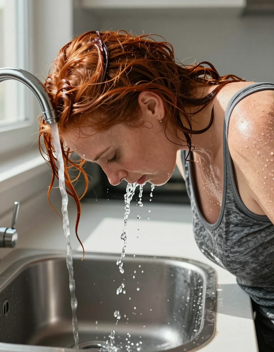 A high-detail, side head-and-shoulders photographic shot of a mid-30s red-haired woman leaning her head face down deep into a kitchen sink basin. Her hair is fully drenched, with water from the faucet flowing directly onto the top back of her head, creating realistic streams of water that cascade over her hair and face before dripping into the sink. She is wearing a medium heather gray tank top that is visibly soaked, clinging to her skin with a darker, heavy, wet texture and saturated fabric folds. The scene is set in a bright kitchen with sunshine streaming through a nearby window, casting natural highlights on the water sheen and wet skin. The composition focuses on the tactile, wet textures of the hair and fabric, capturing the weight and movement of the splashing water with photorealistic clarity, sharp focus, and cinematic lighting.
