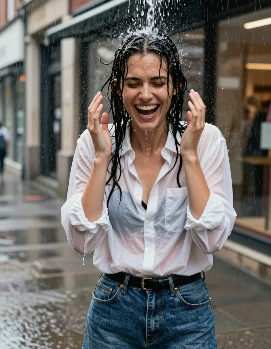 A waist-up photorealistic shot of a young adult European woman on an urban sidewalk with storefronts in the blurred background. She is standing beneath an awning during a sudden, heavy deluge of water pouring directly onto her head, causing her hair to be completely drenched, slick, and heavy with water. She is wearing a white oversized cotton button-down shirt that has become translucent and clingy due to heavy saturation, revealing a dark black bra underneath. She wears a blue denim skirt cinched with a black leather belt. Her expression is one of surprised laughter with her hands raised near her face. The clothing exhibits realistic wet texture, darkening, and clinging folds. High-contrast natural lighting, sharp focus on the water droplets and skin texture, cinematic urban atmosphere, 8k resolution, highly detailed wet skin sheen.