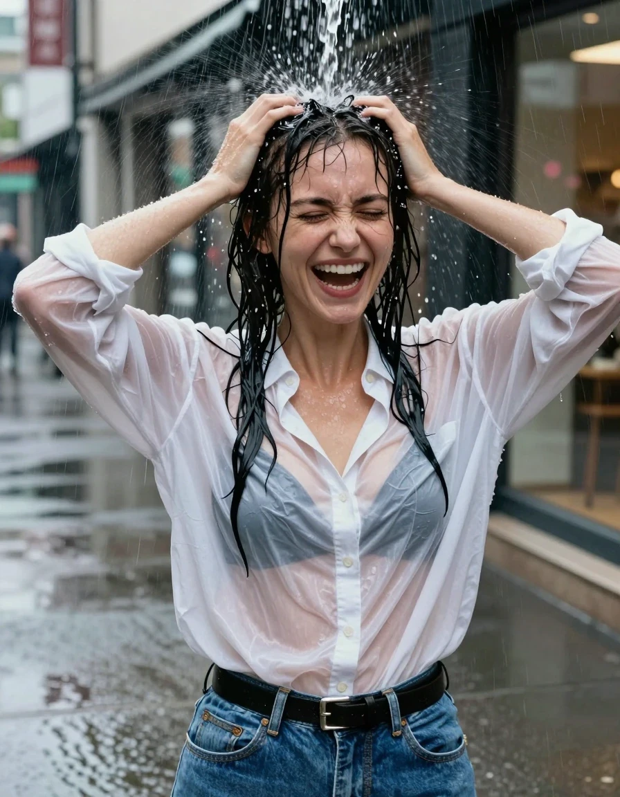 A waist-up photorealistic shot of a young adult European woman standing on an urban sidewalk with storefronts in the background, caught in a sudden deluge of water pouring from an awning edge directly onto her head. She has a look of surprised laughter with her hands raised, her hair completely drenched, heavy with water, and clinging to her face and shoulders. She is wearing a white oversized cotton button-down shirt that is translucent from saturation, revealing a black bra underneath, with the fabric clinging to her skin and showing deep, wet folds and dark soaked textures. She wears a blue denim skirt with a black leather belt. The lighting is natural urban daylight, capturing the sheen of water on her skin and the high-contrast wetness of the environment. High-detail photography, sharp focus on facial expressions and fabric texture, cinematic composition.