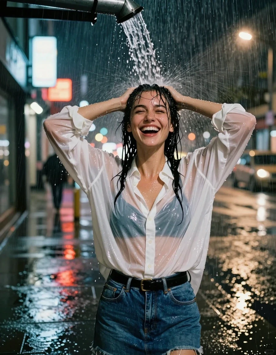 Waist-up photorealistic shot of a young adult European woman standing on an urban sidewalk at night during a heavy rainstorm. She is positioned directly under a deluge of water pouring from a rooftop drainpipe, which cascades over her drenched, water-slicked hair and face. She is laughing joyfully with her hands raised in the air. She wears a white oversized cotton button-down shirt that is heavily saturated, translucent, and clinging to her skin, revealing a black bra underneath. She also wears a blue denim skirt cinched with a black leather belt. The lighting is provided by the glowing neon signs and streetlights of nearby storefronts reflecting off the wet pavement and the water sheeting off her clothes. The atmosphere is high-contrast, capturing the weight, heavy texture, and deep color saturation of the soaked fabric, with water droplets, sheen, and realistic wet skin texture. Shot on 35mm lens, sharp focus, cinematic urban night aesthetic.