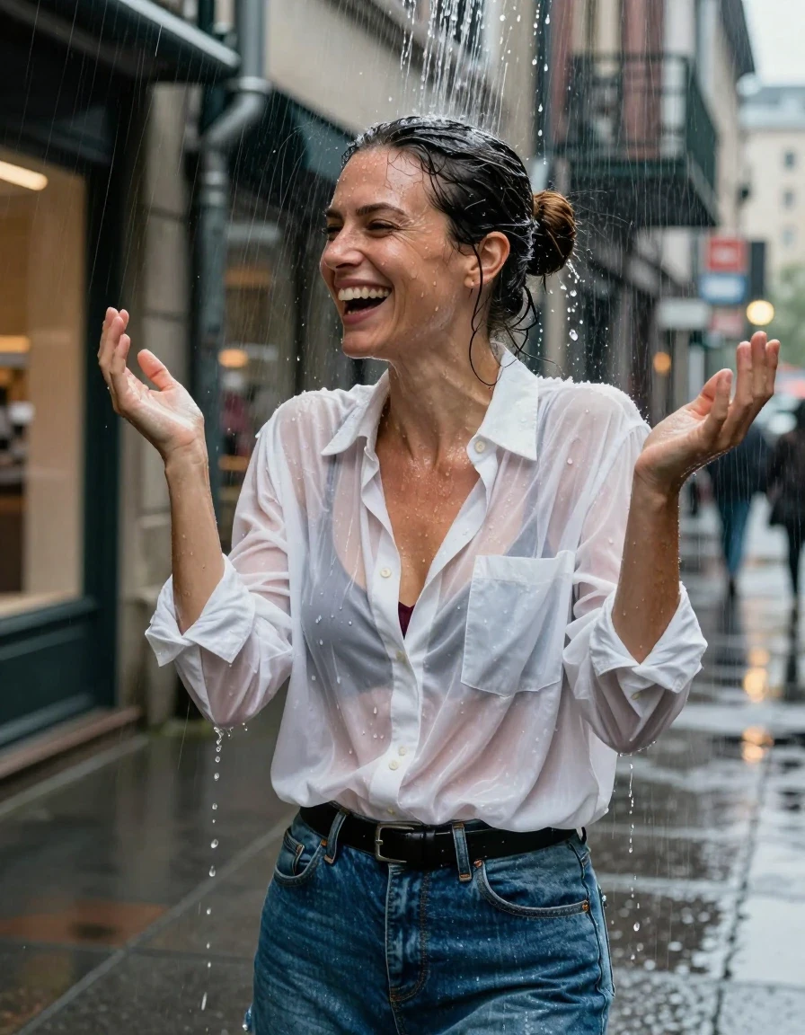 A waist-up photorealistic shot of a mid-30s brunette woman with her hair styled in a sleek bun, standing under a heavy deluge of water pouring from a rooftop drainpipe on a rainy urban sidewalk. Her white oversized cotton button-down shirt is completely drenched, becoming translucent from water saturation to reveal a burgundy bra underneath. She is wearing a blue denim skirt cinched with a black leather belt. Her skin and hair are visibly soaked, with water sheen, heavy water droplets clinging to her bun, and the fabric of her shirt heavy and clinging to her form with realistic wet texture. She is laughing with her hands raised in delight, head turned slightly to the side, capturing water dripping off her drenched hair. The background features blurred city store lights reflecting off the wet pavement in a moody, nocturnal atmosphere. High-contrast lighting, 8k resolution, cinematic wet-look photography, sharp focus on skin texture and water droplets.