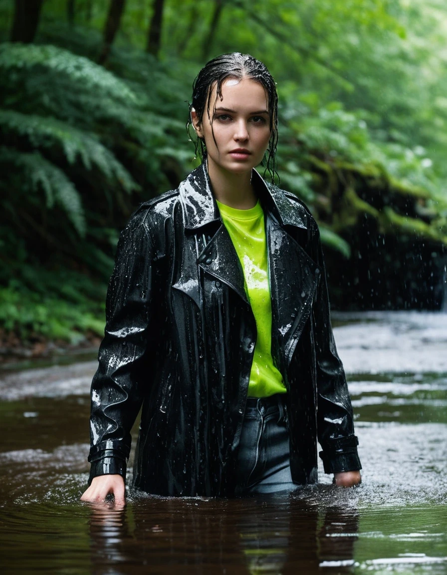 professional photo of young woman, in soaking wet, drenched clothes, wet clothes stuck to body, detailed textures of the wet clothes, wet face, wet plastered hair, wet, drenched, wet skin, damp fabric, black leather ankle boots, soaked and glistening, skin tight black leather jeans, saturated, water-drenched neon green oversize t-shirt, black leather jacket, saturated, black trench coat, standing in a waterfall in a forest, water pouring over, heavy rain, streaming raindrops, fabric transparency, high-contrast water cling, water dripping from hem, storm aftermath atmosphere, cinematic lighting, close up, sharp focus, photorealistic, ultra-detailed fabric texture, realistic colors, RAW photo, professionally color graded