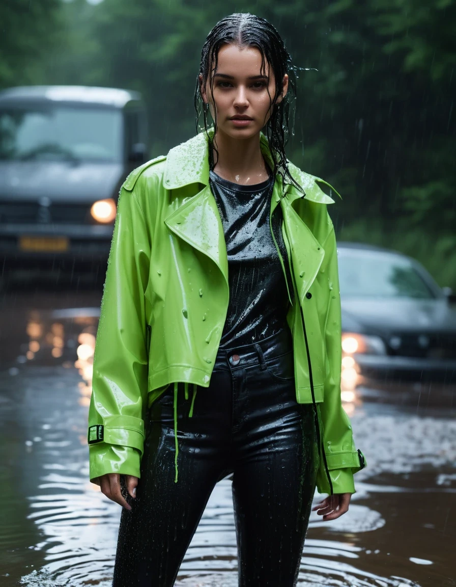 photo of young woman, in soaking wet, drenched clothes,
Black leather ankle boots, soaked and glistening , skin tight black leather jeans, saturated, water-drenched neon green oversize t-shirt, black leather jacket, saturated, black trench coat, standing in heavy rain, drenched, close up, 
enjoying, wet clothes stuck to body,
detailed textures of the wet clothes, wet face, wet plastered hair,
wet, drenched, professional, high-quality details, full body view.
sharp focus, ultra-high pixel detail, realistic, high-quality, full colors, incredibly detailed, 4k, 8k, 16k, hyper-realistic, RAW photo, masterpiece, ultra-detailed, professionally color graded, professional photograph, streaming raindrops, fabric transparency, high-contrast water cling, cinematic lighting, photorealistic, 8k, water dripping from hem, storm aftermath atmosphere, wet skin, wet clothes, damp fabric, wet skin, wet clothes, damp fabric