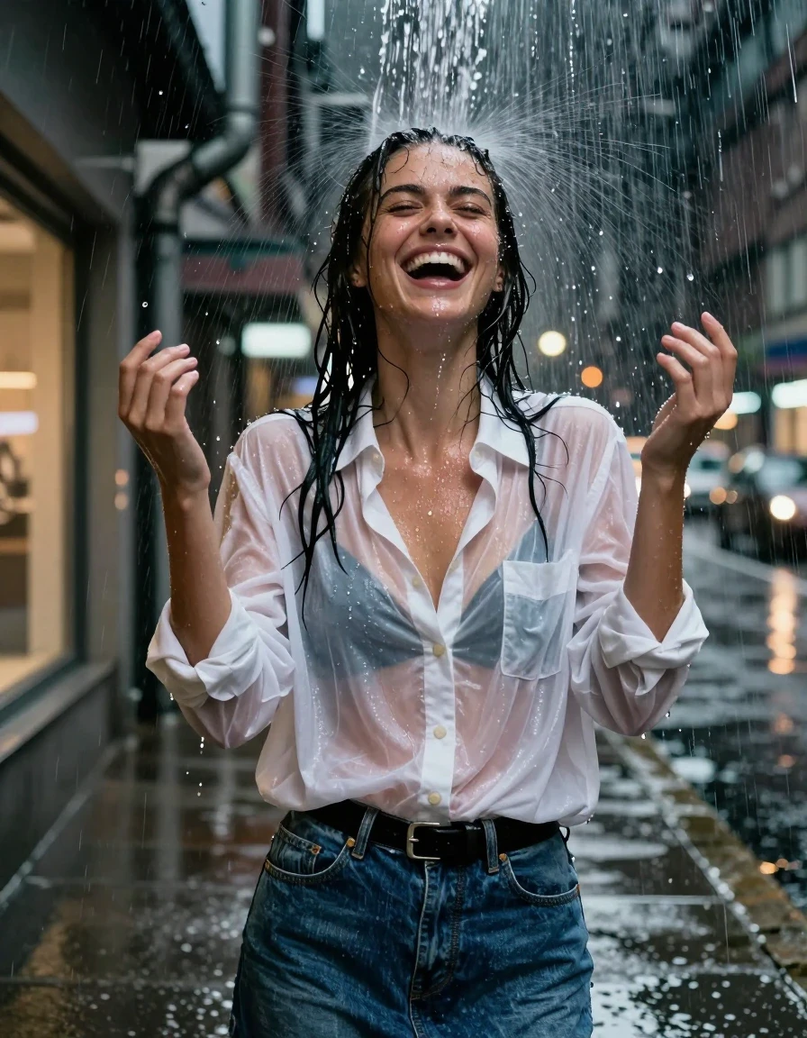 A waist-up photorealistic shot of a young adult European woman standing on an urban sidewalk at night during a rainstorm. She is positioned directly under a heavy deluge of water pouring from a rooftop drainpipe, which cascades over her drenched hair and skin. She is captured in a moment of joyful laughter with her hands raised, water glistening on her face and neck. She wears a white oversized cotton button-down shirt that is heavily saturated, translucent from the intense wetness, clinging to her torso and revealing a black bra underneath. She is also wearing a blue denim skirt cinched with a black leather belt. The background features blurred city store lights reflecting off the wet pavement. High-contrast cinematic lighting, hyper-realistic water droplets, fabric texture showing heavy soaking, deep shadows, 8k resolution, sharp focus on the subject, wet sheen on skin and clothing.