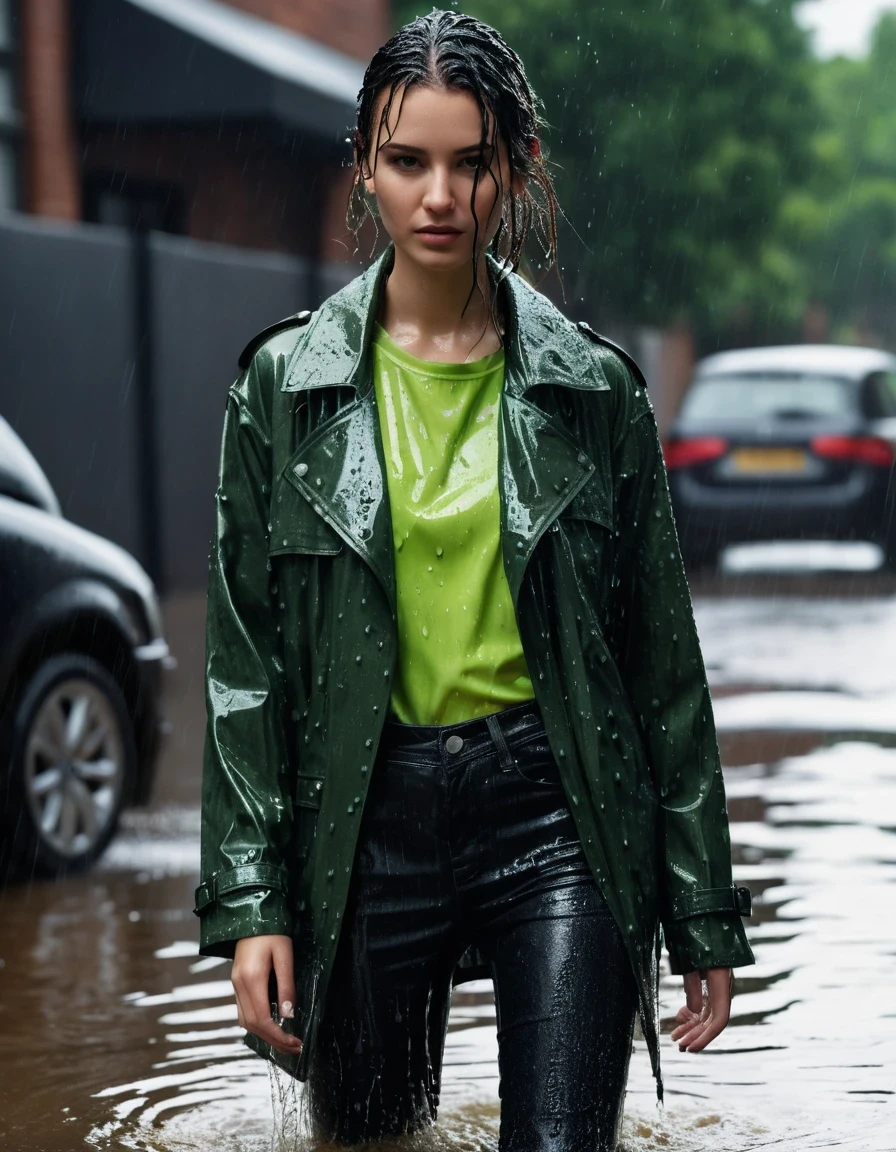 photo of young woman, in soaking wet, drenched clothes,
Black leather ankle boots, soaked and glistening , skin tight black leather jeans, saturated, water-drenched neon green oversize t-shirt, black leather jacket, saturated, black trench coat, standing in heavy rain, drenched, close up, 
enjoying, wet clothes stuck to body,
detailed textures of the wet clothes, wet face, wet plastered hair,
wet, drenched, professional, high-quality details, full body view.
sharp focus, ultra-high pixel detail, realistic, high-quality, full colors, incredibly detailed, 4k, 8k, 16k, hyper-realistic, RAW photo, masterpiece, ultra-detailed, professionally color graded, professional photograph, streaming raindrops, fabric transparency, high-contrast water cling, cinematic lighting, photorealistic, 8k, water dripping from hem, storm aftermath atmosphere, wet skin, wet clothes, damp fabric, wet skin, wet clothes, damp fabric