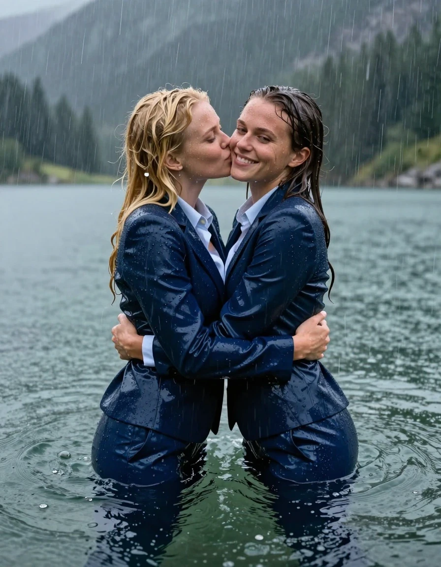 A hyper-realistic cinematic shot of two young adult European women with blonde hair and side-parted long wet hair, completely submerged and swimming in the deep, clear water of a mountain lake during a heavy rainstorm. They are captured mid-embrace, kissing and hugging each other while looking towards the camera with happy expressions. They are fully clothed in dark blue business suits, consisting of dark blue long business trousers and dark blue business suit jackets worn open over light blue long-sleeve button-down shirts. The clothing is completely soaked, drenched, and clinging to their bodies, showing heavy damp fabric textures and translucency due to the saturation. Their skin is glistening with a realistic wet sheen from the torrential rain and lake water. The environment features a dramatic, heavy rain shower falling over the mountain lake, creating ripples and water droplets everywhere. High-detail photography, 8k resolution, photorealistic wet-look textures, sharp focus on faces and fabric folds, moody natural lighting, atmospheric storm aesthetic.