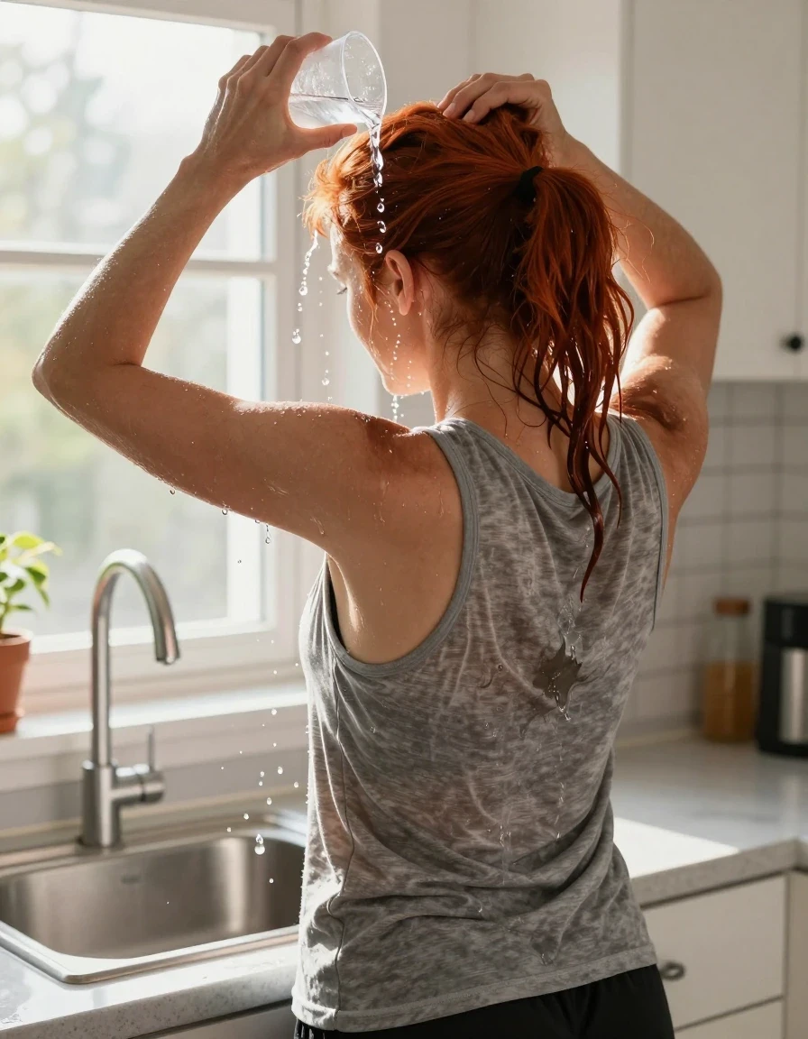 An elevated back view of a mid-30s European woman with vibrant red hair tied in a practical ponytail, standing in a sun-drenched kitchen. She is leaning over the sink on a hot day, pouring a plastic cup of water directly onto the back of her head. The water cascades down, leaving her hair partially wet and creating visible, realistic streams that soak into her medium heather gray tank top, causing the fabric to darken, cling to her skin, and show heavy wet texture where saturated. She is wearing black athletic shorts. The scene is captured with bright sunshine streaming through a nearby window, creating a high-contrast, photorealistic atmosphere with shimmering water droplets and a natural sheen on her damp skin and clothing. The composition is a detailed, candid photographic shot focusing on the tactile interaction of water and fabric.