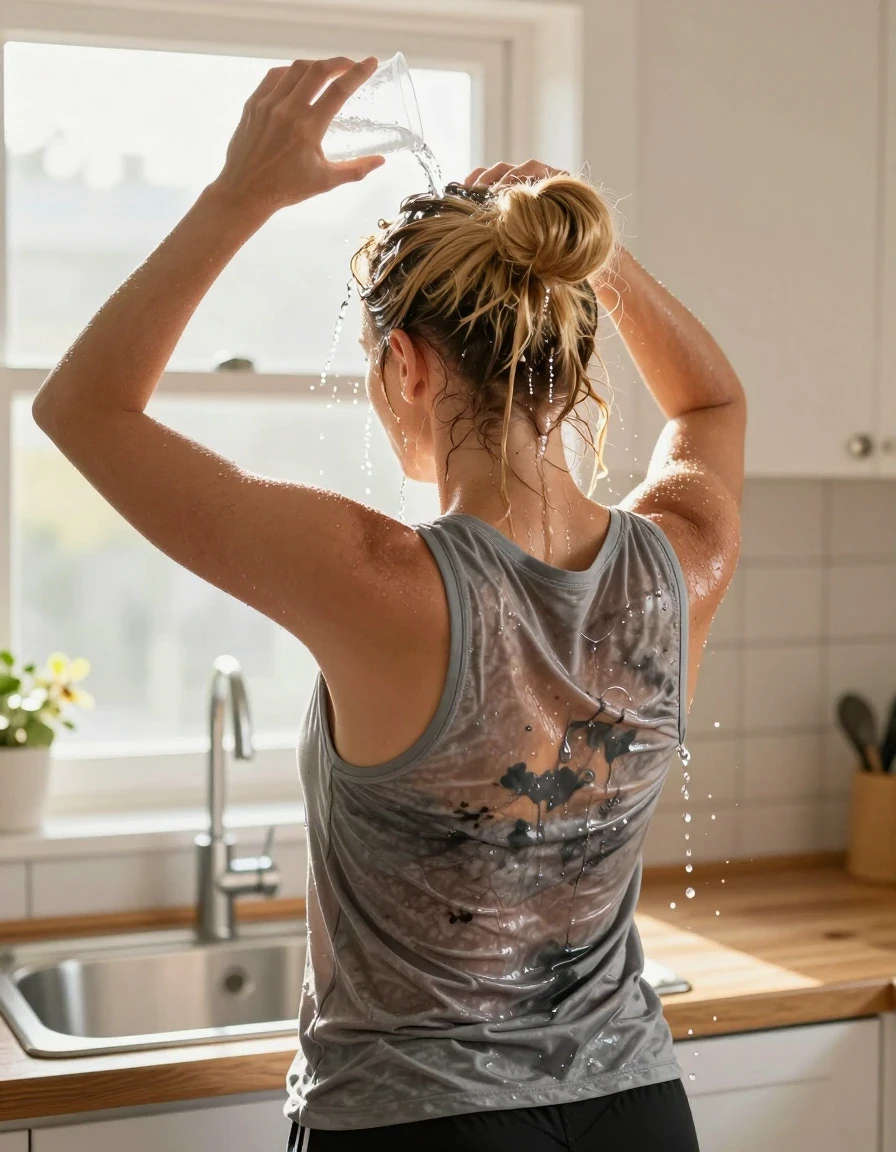 A photorealistic back view of a mid-30s European woman with dirty-blonde hair styled in a messy bun, standing in a sunlit kitchen in front of a sink. She is cooling off on a hot day, captured in the act of pouring water from a plastic cup onto the crown of her head. Streams of water are cascading down her hair, soaking into the strands, and running down her back, causing her medium gray tank top to cling to her body with realistic wet patches, darkened fabric, and visible saturation. She is wearing black athletic shorts. The scene is illuminated by bright, warm sunshine streaming through a nearby window, creating a high-contrast glow on the water droplets and the wet texture of her skin and clothing. The composition is a detailed medium shot focusing on the interaction between the water, her hair, and her soaked top, emphasizing the weight and sheen of the moisture.