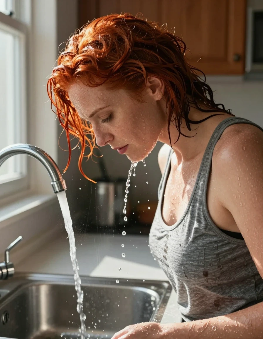 A photorealistic side head-and-shoulders view of a mid-30s European woman with vibrant red hair, standing in a sunlit kitchen in front of a stainless steel sink. She is wearing a medium heather gray tank top that is visibly darkened, soaked, and clinging to her skin due to the water. Her head is tilted face down, positioned directly under the running faucet, with the stream of water dousing her hair. Her hair is fully drenched, heavy with water, and showing realistic wet texture, with streams of water cascading over her hair and face, dripping into the basin. The lighting is bright, with sunshine streaming through a nearby window, creating a high-contrast wet sheen on her skin and hair. The composition is a detailed close-up capturing the water flow and the texture of the saturated fabric. Cinematic photography, 8k resolution, highly detailed skin pores, realistic water droplets, sharp focus on the interaction between the water and the subject.