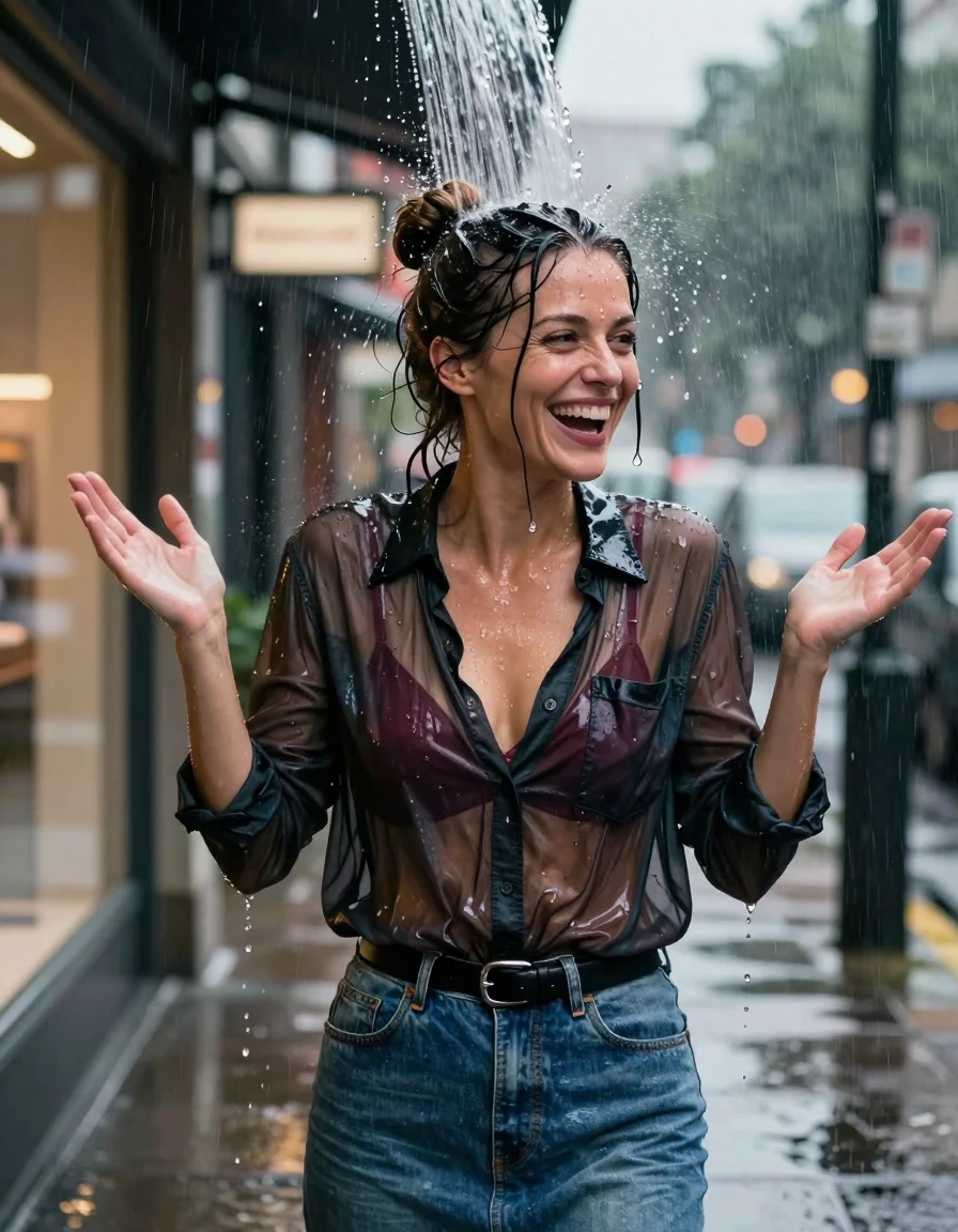 A photorealistic waist-up shot of a mid-30s brunette woman with her hair styled in a bun, standing on an urban sidewalk at night during a rainstorm. She is caught in a sudden deluge of water pouring from the edge of a store awning directly onto her head, causing her hair to be completely drenched with water droplets and streams dripping visibly from her bun. She is wearing an oversized cotton button-down shirt that is translucent from saturation, revealing a maroon bra clearly underneath, paired with a denim skirt cinched by a black leather belt. Her expression is one of genuine surprised laughter, with her hands raised near her shoulders and her head turned slightly to the side. The fabric of her shirt is dark, heavy with water, clinging to her skin with realistic folds and wet texture. The background features blurred city store lights reflecting off the wet pavement. High-detail photography, cinematic lighting, hyper-realistic wet skin and hair, sharp focus on water droplets.