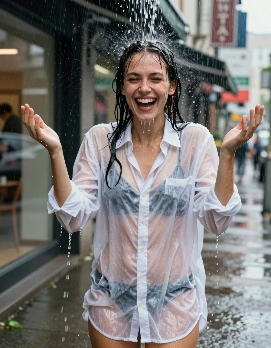 A photorealistic waist-up shot of a young adult European woman standing on an urban sidewalk with storefronts in the background. She is caught in a sudden deluge of water pouring from the edge of an awning directly onto her head, resulting in soaking wet hair that clings to her face and shoulders. She is wearing an oversized white cotton button-down shirt that is completely translucent from saturation, revealing a dark black bra underneath, with the fabric heavy, clinging, and textured with dark wet patches and folds. Her expression is one of surprised laughter, with her hands raised in reaction to the sudden downpour. The lighting is natural urban daylight, capturing the sheen of water on her skin and the dripping, drenched state of her clothing. High-resolution, sharp focus, cinematic photography, realistic water physics, wet-look aesthetic.