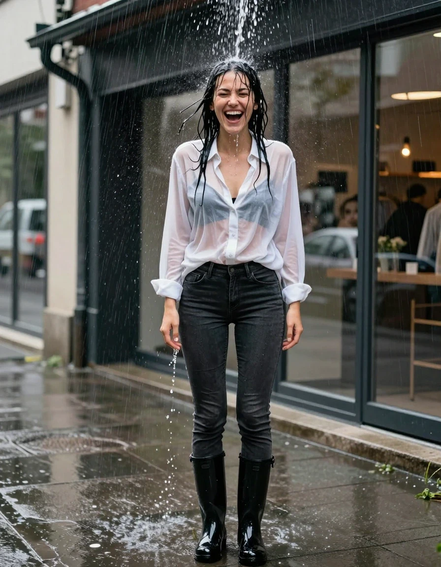 A hyper-realistic, high-detail full-body shot of a young adult European woman standing on an urban sidewalk in front of storefronts. She is caught in a sudden, heavy deluge of water pouring directly onto her head from a rooftop drainpipe, causing her hair to be completely drenched and matted, with water streaming down her face and skin. She is captured in a moment of genuine, surprised laughter. She is wearing a white oversized cotton button-down shirt that has become translucent and heavy from the intense saturation, clearly revealing a black bra underneath, paired with dark charcoal grey skinny denim jeans that are soaked and clinging to her legs. On her feet are glossy black rubber rain boots with a high-shine finish. The fabric of her clothes is darkened, heavy with water, and clinging to her body, exhibiting realistic wet folds and textures. The scene is illuminated by natural daylight reflecting off the wet pavement, creating a high-contrast environment with water droplets and splashes captured in crisp, photographic detail.