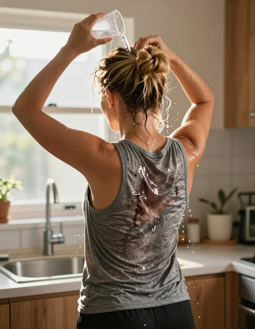 A photorealistic back view of a mid-30s strawberry-blonde woman with her hair styled in a messy bun, standing in a sunlit kitchen in front of a sink. She is wearing a medium gray tank top and black athletic shorts. The scene captures her cooling off on a hot day; she is mid-action, pouring water from a plastic cup directly onto the crown of her hair. Streams of clear water are visibly cascading over her hair and down her back, causing the fabric of her gray tank top to become partially soaked, showing realistic darkening, clinging, and heavy texture where the water has saturated the material. Her hair is partially wet with a natural sheen and drips. Bright, warm sunshine streams through a nearby window, creating high-contrast lighting, lens flares, and highlighting the wet droplets and glistening skin. The composition is a detailed medium-shot focusing on the interaction between the water, the fabric, and the subject, captured with sharp focus and professional cinematic lighting.