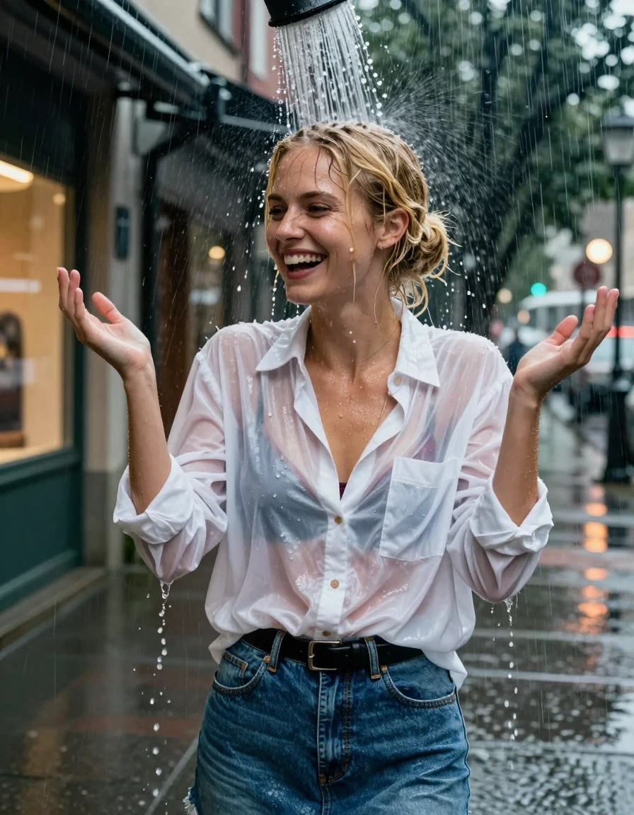A photorealistic waist-up shot of a young adult European woman with blonde hair styled in a neat bun, standing outdoors on an urban sidewalk at night during a heavy rainstorm. She is positioned directly under a deluge of water pouring from a rooftop drainpipe, which cascades onto her head and shoulders, leaving her hair completely soaked and dripping with water. She has a joyful expression with her head turned slightly to the side, laughing, and her hands raised. She is wearing a white oversized cotton button-down shirt that is heavily saturated and translucent from the downpour, clinging to her skin and revealing a burgundy bra underneath. She wears a blue denim skirt cinched with a black leather belt. The scene is set against a backdrop of city stores with glowing lights reflecting off the wet pavement. High-detail wet skin, realistic water sheen, translucent fabric texture, heavy folds in soaked clothing, cinematic lighting, 8k resolution, highly detailed textures, sharp focus, photographic masterpiece.