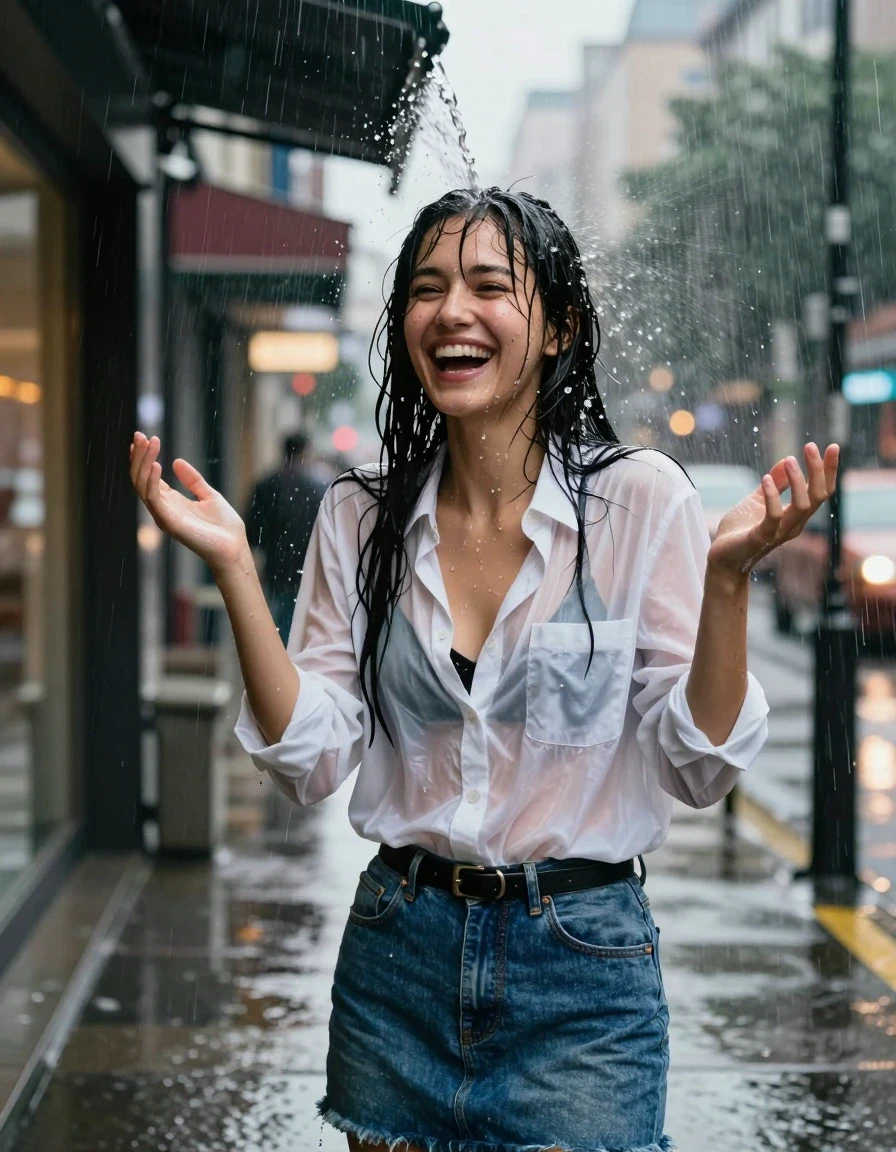 A waist-up photorealistic shot of a young adult European woman standing on an urban sidewalk at night during a heavy rainstorm. She is positioned next to a building awning, caught in a sudden deluge of water pouring directly from the edge of the awning onto her head. Her hair is completely drenched, dark, and clinging to her face and shoulders, with water droplets streaming down her skin. She is wearing an oversized white cotton button-down shirt that has become translucent from the heavy saturation, revealing a black bra underneath with the fabric clinging to her skin. She wears a blue denim skirt cinched with a black leather belt. Her expression is one of surprised laughter, with her hands raised in a reflexive gesture. The scene is set on a rainy city street with blurred store lights in the background, creating a high-contrast atmosphere with deep shadows and wet reflections on the pavement. The lighting emphasizes the glistening wet skin, the heavy, soaked texture of the fabric, and the dramatic splashing water, captured with sharp focus and professional cinematic photography.