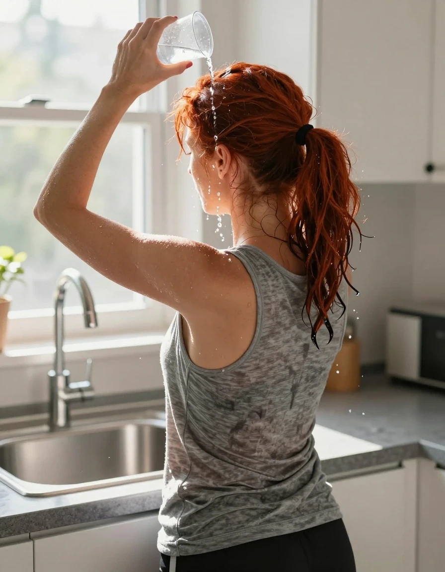 A photorealistic back view of a mid-30s woman with vibrant red hair styled in a ponytail, standing in a sun-drenched kitchen in front of a stainless steel sink. She is wearing a medium heather gray tank top and black athletic shorts. The scene captures a candid moment on a hot day as she pours water from a plastic cup directly onto the crown of her hair. Realistic wetness is visible: water streams flow down her hair, creating dark, saturated patches, and cascade over her shoulders, causing her gray tank top to become partially soaked, clinging to her skin with visible fabric darkening and moisture texture. Bright sunshine streams through a nearby window, illuminating the water droplets and creating a reflective sheen on her wet hair and damp clothing. The composition is a sharp, high-detail photographic shot focusing on the texture of the water, the wet fabric, and the natural lighting of the kitchen environment.