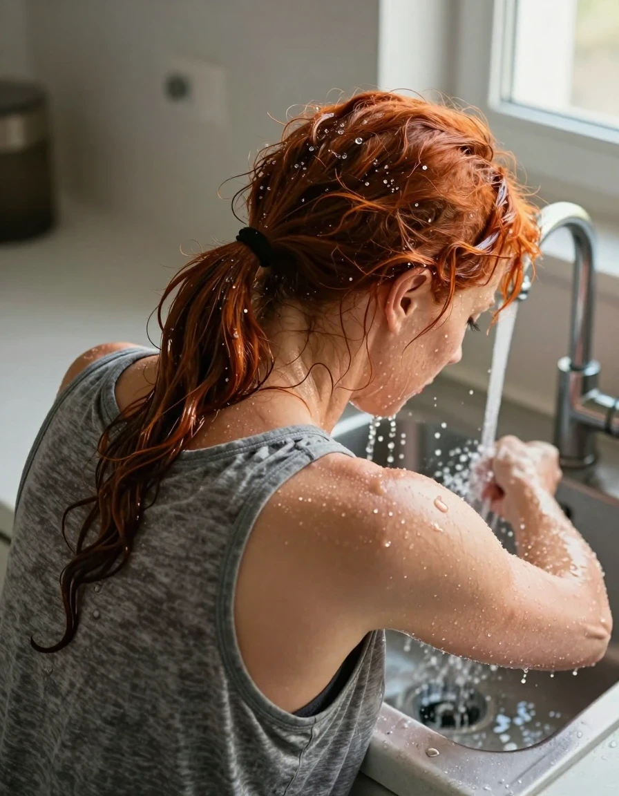 A hyper-realistic, high-detail overhead head-and-shoulders view of a mid-30s European woman with vibrant red hair tied in a ponytail, captured from behind as she leans deep into a kitchen sink basin. She is drenched in water, with streams of water flowing directly from the faucet onto the back of her hair, soaking it completely and causing it to cling to her neck and shoulders with a heavy, wet sheen. Water cascades over her hair and face, splashing into the basin. She is wearing a medium heather gray tank top that is visibly darkened and clinging to her skin where the water has soaked through the fabric, highlighting realistic wet texture and folds. The scene is set in a sunlit kitchen, with bright, warm sunshine streaming through a nearby window, creating sparkling highlights on the flowing water and the wet surfaces. The composition focuses on the intimate, candid moment of her rinsing her hair, emphasizing photorealistic skin textures, light refraction through water droplets, and the saturated, heavy look of the soaked clothing.