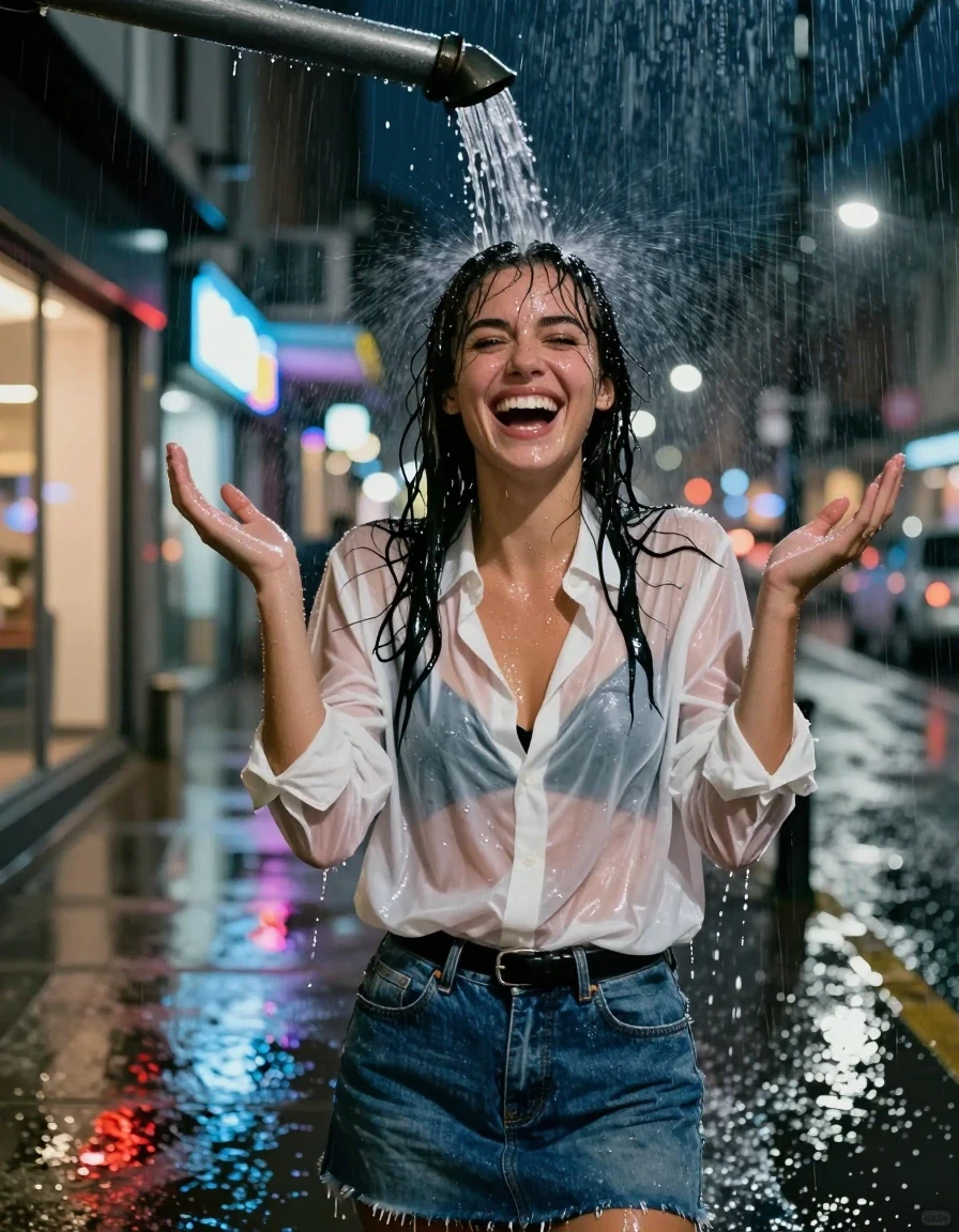 A waist-up photorealistic shot of a young adult European woman standing on an urban sidewalk at night, illuminated by the vibrant neon glow of background storefronts reflected in rain-slicked pavement. She is caught in a heavy deluge of water pouring directly from a rooftop drainpipe onto her head and shoulders, causing her hair to be completely drenched and plastered to her scalp. She is wearing a white oversized cotton button-down shirt that is heavily saturated, translucent, and clinging to her body, revealing a black bra underneath. She wears a blue denim skirt cinched with a black leather belt. Her expression is one of joyful laughter, with her hands raised in the air, embracing the downpour. The fabric of her shirt is dark, heavy, and textured from the water, showing realistic folds and wet-sheen highlights. The scene is captured with sharp photographic detail, focusing on the glistening wet skin, the heavy water droplets, and the cinematic contrast between the dark rainy night and the bright city lights.