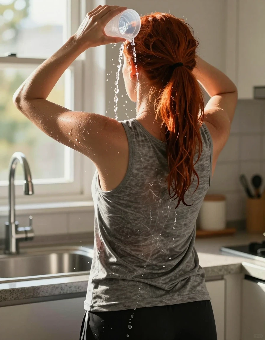A highly detailed, photorealistic back view of a mid-30s European woman with vibrant red hair tied in a ponytail, standing in a sunlit kitchen in front of a stainless steel sink. She is wearing a medium heather gray tank top and black athletic shorts. In the middle of a hot day, she is captured in the act of pouring water from a plastic cup onto the back of her head; clear, glistening streams of water cascade down her hair and saturate the back of her gray tank top, causing the fabric to darken, cling to her skin, and show realistic wet texture and weight. The scene is illuminated by bright, warm sunshine streaming through a nearby window, creating a high-contrast sheen on her wet hair and the damp fabric. The composition focuses on the tactile reality of the water flow, emphasizing the contrast between the dry parts of her clothing and the soaked, clinging areas. 8k resolution, cinematic lighting, sharp focus on water droplets and fabric texture.