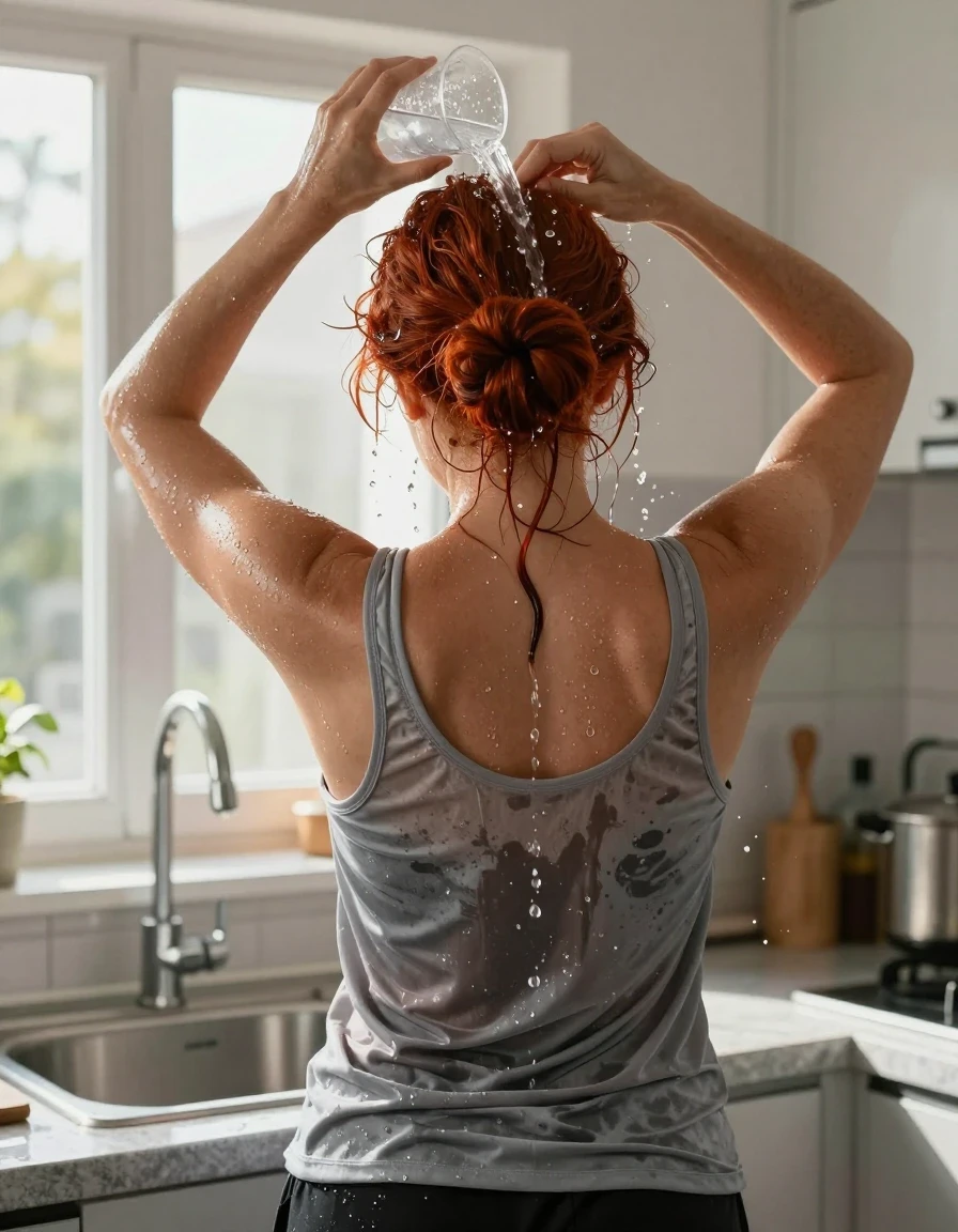 A photorealistic back view of a mid-30s European woman with vibrant red hair styled in a neat bun, standing in a sunlit kitchen in front of a sink. She is wearing a medium gray tank top and black athletic shorts. She is actively pouring water from a plastic cup onto the crown of her head to cool off on a hot day. Visible streams of water flow realistically over her hair, soaking the strands to create a wet, dark texture, and cascading down her back, causing the medium gray tank top to cling to her skin with dark, saturated patches where the fabric is thoroughly wet. Sunlight streams through a nearby window, catching the water droplets and creating a shimmering sheen on her skin and hair. The scene is captured with sharp focus, emphasizing the high-contrast wet textures, realistic fabric weight, and the play of light on the water, high-resolution photographic quality.
