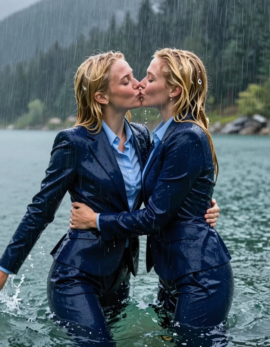 A photorealistic, cinematic shot of two beautiful young adult European women with long blonde hair and side partings, completely submerged and swimming in the deep, clear waters of a mountain lake during a heavy rainstorm. They are kissing and hugging each other underwater, looking towards the camera with happy, joyful expressions. They are fully clothed in dark blue business suits, consisting of open dark blue business suit jackets over light blue long-sleeved button-down business shirts, and dark blue long business trousers. The clothing is completely soaked, heavily drenched, and saturated, showing realistic damp fabric textures, water weight, and clinging tightly to their skin. Their skin has a realistic wet sheen, and their hair is slicked down by the torrential rain and lake water. The scene is captured with high-speed photography, emphasizing the heavy rain falling onto the lake surface, splashing water droplets, and the translucent, clinging nature of the wet fabric against their bodies. 8k resolution, hyper-detailed textures, dramatic natural lighting, cinematic composition.