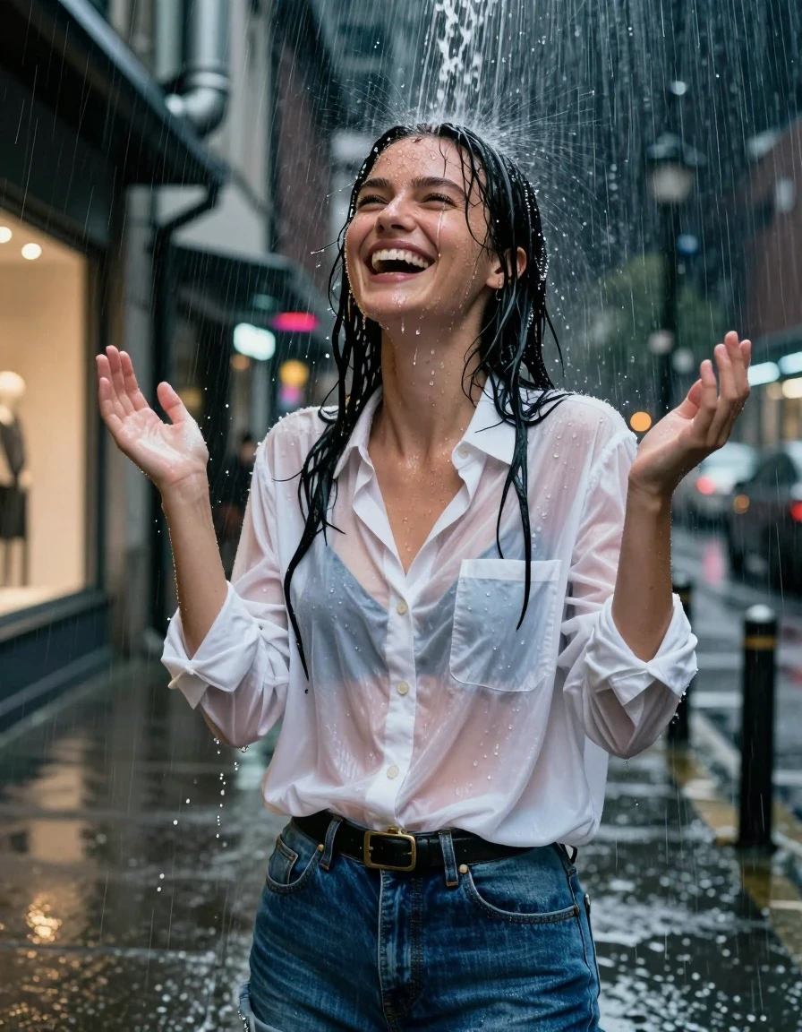 A waist-up photorealistic shot of a young adult European woman on an urban sidewalk at night during a heavy rainstorm. She is standing directly under a deluge of water pouring from a rooftop drainpipe, her hair completely drenched and plastered to her head, with water cascading down her face and skin, creating a shimmering wet sheen. She is wearing a white oversized cotton button-down shirt that is heavily saturated, translucent, and clinging to her body, revealing a black bra underneath. She wears a blue denim skirt cinched with a black leather belt. Her expression is one of joyful laughter, hands raised towards the sky. The background features blurred city store windows with glowing neon lights reflecting off the wet pavement. High-contrast cinematic lighting, hyper-detailed skin texture, water droplets, heavy fabric saturation, realistic wet clothing folds, 8k resolution, sharp focus, professional photography.