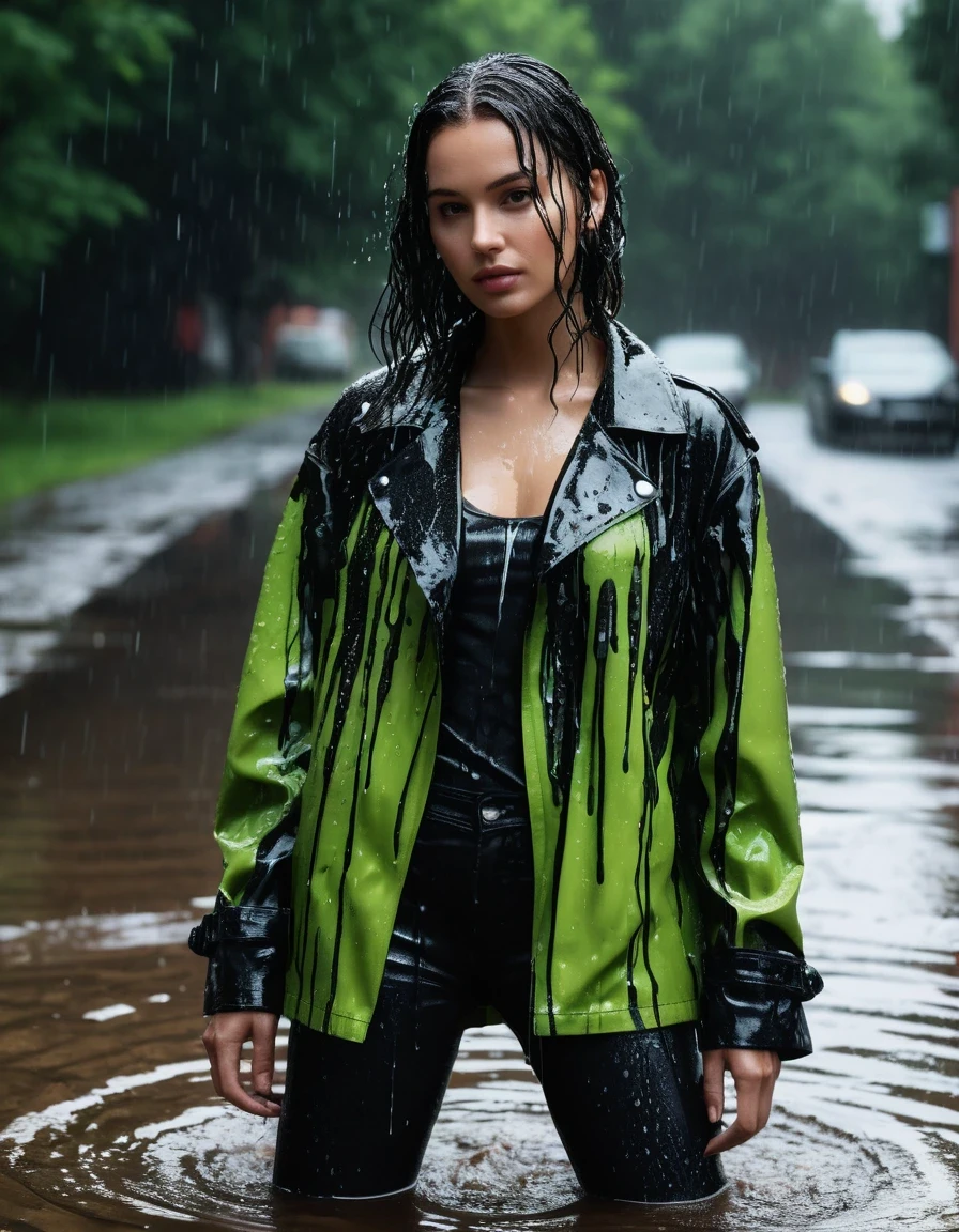 photo of young woman, in soaking wet, drenched clothes,
Black leather ankle boots, soaked and glistening , skin tight black leather jeans, saturated, water-drenched neon green oversize t-shirt, black leather jacket, saturated, black trench coat, standing in heavy rain, drenched, close up, 
enjoying, wet clothes stuck to body,
detailed textures of the wet clothes, wet face, wet plastered hair,
wet, drenched, professional, high-quality details, full body view.
sharp focus, ultra-high pixel detail, realistic, high-quality, full colors, incredibly detailed, 4k, 8k, 16k, hyper-realistic, RAW photo, masterpiece, ultra-detailed, professionally color graded, professional photograph, streaming raindrops, fabric transparency, high-contrast water cling, cinematic lighting, photorealistic, 8k, water dripping from hem, storm aftermath atmosphere, wet skin, wet clothes, damp fabric, wet skin, wet clothes, damp fabric