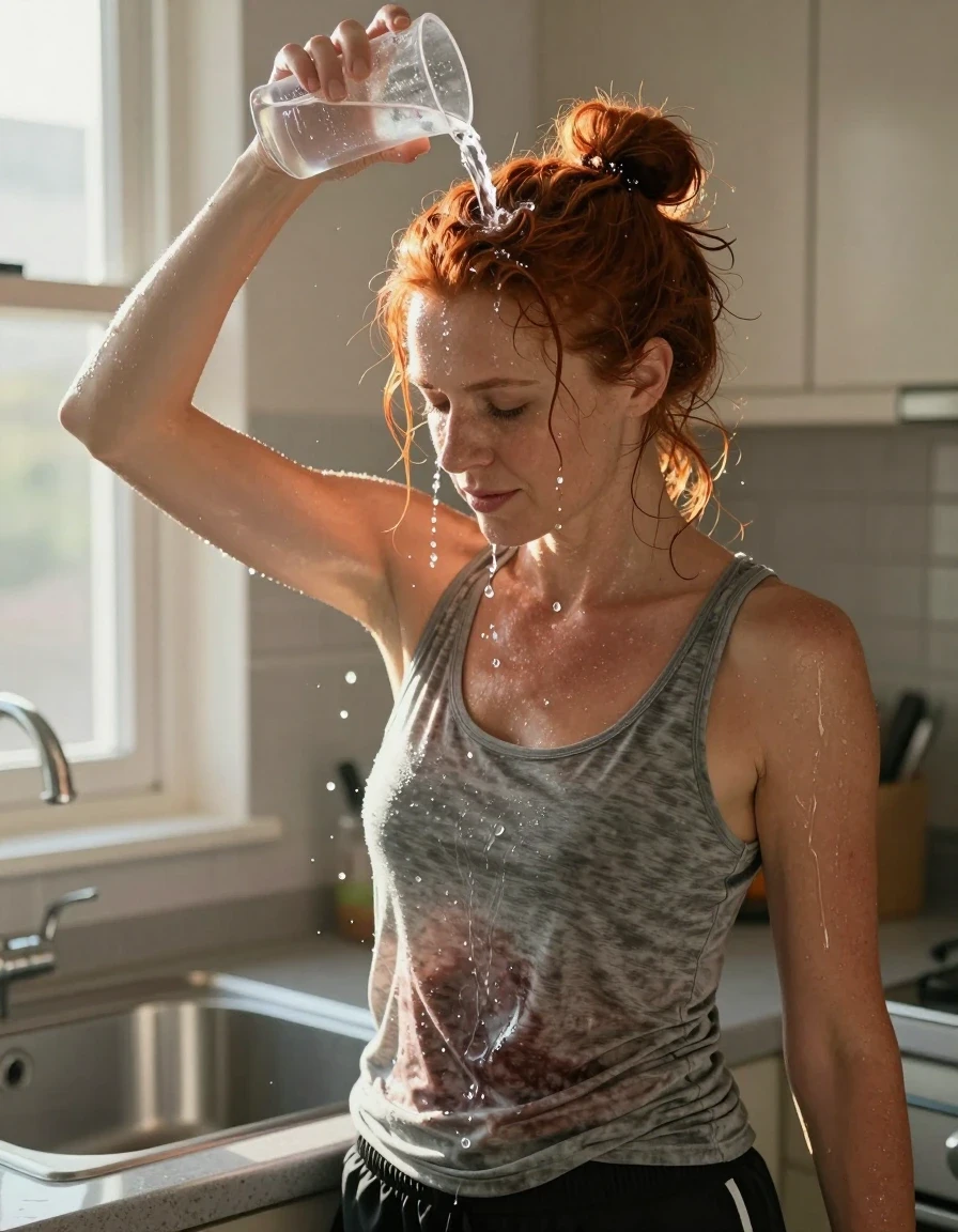 A hyper-realistic, high-detail cinematic shot of a mid-30s European woman with vibrant red hair styled in a messy bun, standing in a sunlit kitchen next to a stainless steel sink. She is actively pouring water from a clear plastic cup directly onto the crown of her head. Streams of crystalline water cascade down her hair and over her medium gray tank top, creating a realistic wet-look effect where the fabric is visibly darkened, clinging to her skin, and saturated with moisture. Her hair is partially soaked, with individual strands clumped and glistening. She is wearing black athletic shorts. The scene is illuminated by bright, warm sunshine streaming through a nearby window, catching the water droplets and creating a reflective sheen on her skin and the wet clothing. The atmosphere is one of cooling off on a hot summer day. 8k resolution, photorealistic textures, sharp focus on the water flow and fabric texture, soft natural shadows.