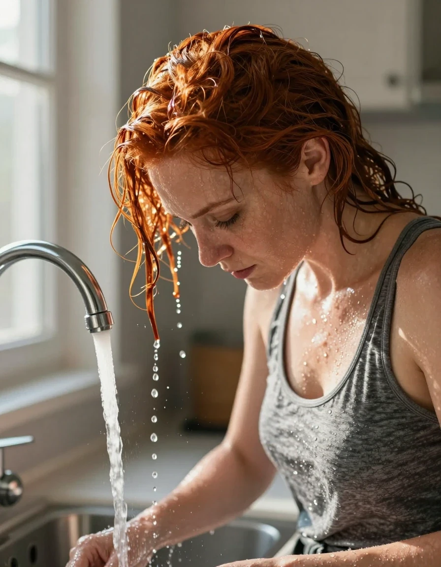 A photorealistic side head-and-shoulders portrait of a mid-30s European woman with vibrant red hair, standing in a sunlit kitchen. She is leaning over the sink basin with her head facedown and fully centered directly under the steady, powerful stream of water from the faucet. The water cascades heavily onto the back of her head, soaking her hair completely, with glistening streams of water flowing over her wet hair, skin, and face, dripping into the basin. She is wearing a medium heather gray tank top, which is visibly dark, heavy, and clinging to her shoulders due to the water saturation. The lighting is provided by bright sunshine streaming through a nearby window, creating a high-contrast wet sheen on her skin and hair. The composition is a detailed close-up capturing the texture of the dripping water, the realistic wetness of the fabric, and the intimate action of washing her hair, 8k resolution, cinematic lighting, ultra-detailed skin textures, sharp focus on water droplets.