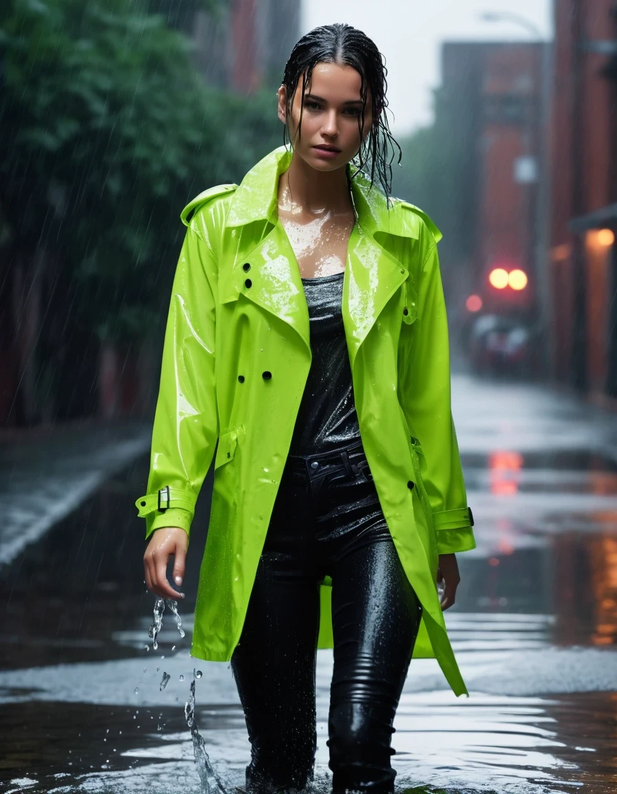 photo of young woman, in soaking wet, drenched clothes,
Black leather ankle boots, soaked and glistening , skin tight black leather jeans, saturated, water-drenched neon green oversize t-shirt, black leather jacket, saturated, black trench coat, standing in heavy rain, drenched, close up, 
enjoying, wet clothes stuck to body,
detailed textures of the wet clothes, wet face, wet plastered hair,
wet, drenched, professional, high-quality details, full body view.
sharp focus, ultra-high pixel detail, realistic, high-quality, full colors, incredibly detailed, 4k, 8k, 16k, hyper-realistic, RAW photo, masterpiece, ultra-detailed, professionally color graded, professional photograph, streaming raindrops, fabric transparency, high-contrast water cling, cinematic lighting, photorealistic, 8k, water dripping from hem, storm aftermath atmosphere, wet skin, wet clothes, damp fabric, wet skin, wet clothes, damp fabric