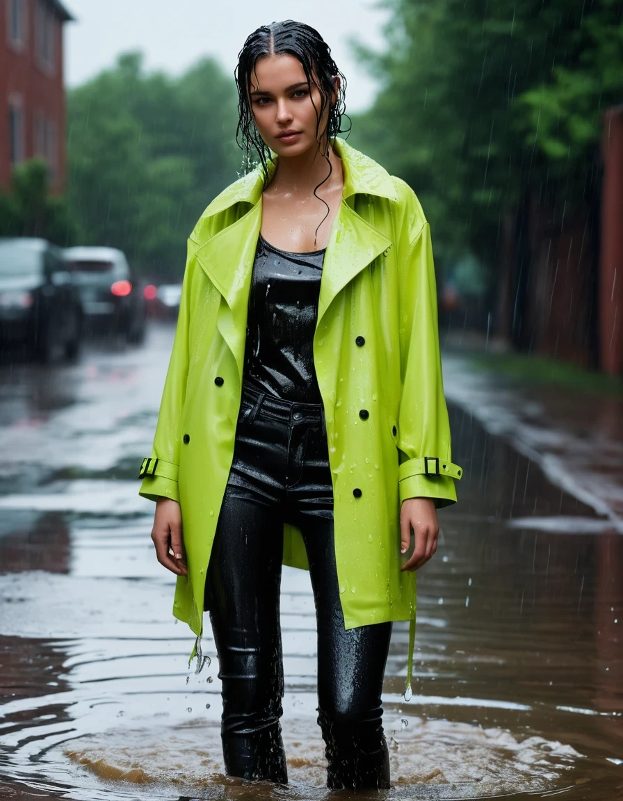 photo of young woman, in soaking wet, drenched clothes,
Black leather ankle boots, soaked and glistening , skin tight black leather jeans, saturated, water-drenched neon green oversize t-shirt, black leather jacket, saturated, black trench coat, standing in heavy rain, drenched, close up, 
enjoying, wet clothes stuck to body,
detailed textures of the wet clothes, wet face, wet plastered hair,
wet, drenched, professional, high-quality details, full body view.
sharp focus, ultra-high pixel detail, realistic, high-quality, full colors, incredibly detailed, 4k, 8k, 16k, hyper-realistic, RAW photo, masterpiece, ultra-detailed, professionally color graded, professional photograph, streaming raindrops, fabric transparency, high-contrast water cling, cinematic lighting, photorealistic, 8k, water dripping from hem, storm aftermath atmosphere, wet skin, wet clothes, damp fabric, wet skin, wet clothes, damp fabric