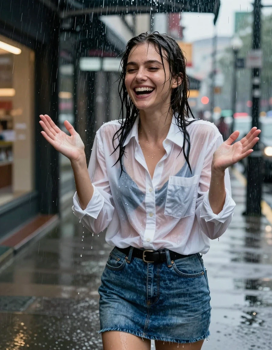 A high-detail waist-up photorealistic shot of a young adult European woman with wet, drenched hair standing on an urban sidewalk at night. She is wearing a white oversized cotton button-down shirt that is heavily saturated and translucent from the rain, revealing a black bra underneath, paired with a blue denim skirt cinched by a black leather belt. She is positioned under the edge of an awning, caught in a sudden deluge of water pouring directly onto her, causing her clothes and skin to glisten with a realistic wet sheen, fabric clinging to her frame with heavy folds and darkened tones. Her expression is one of surprised laughter with her hands raised in reaction to the downpour. The background features blurred city stores and street lights reflecting on the wet pavement. Cinematic lighting, sharp focus on the water droplets and skin texture, 8k resolution, highly detailed wet look, professional photography.