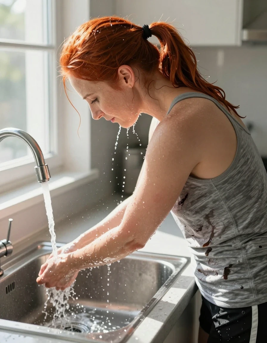 An overhead head-and-shoulders photographic shot of a mid-30s European woman with vibrant red hair styled in a ponytail, standing in a sunlit kitchen. She is bent over the stainless steel kitchen sink, leaning into the basin with her head positioned directly under the faucet. A steady stream of water pours from the tap onto the back of her hair, creating a realistic wet texture, with streams of water cascading down her hair and onto her back. She is wearing a medium heather gray tank top over black athletic shorts; the water soaks through the gray fabric, creating dark, saturated patches, visible water sheen, and causing the damp fabric to cling to her skin. Bright sunshine streams through a nearby window, illuminating the water droplets and the glistening wet surfaces. The scene is captured with sharp focus, emphasizing the contrast between the dry and wet sections of her hair and clothing, realistic water flow, and natural kitchen lighting.