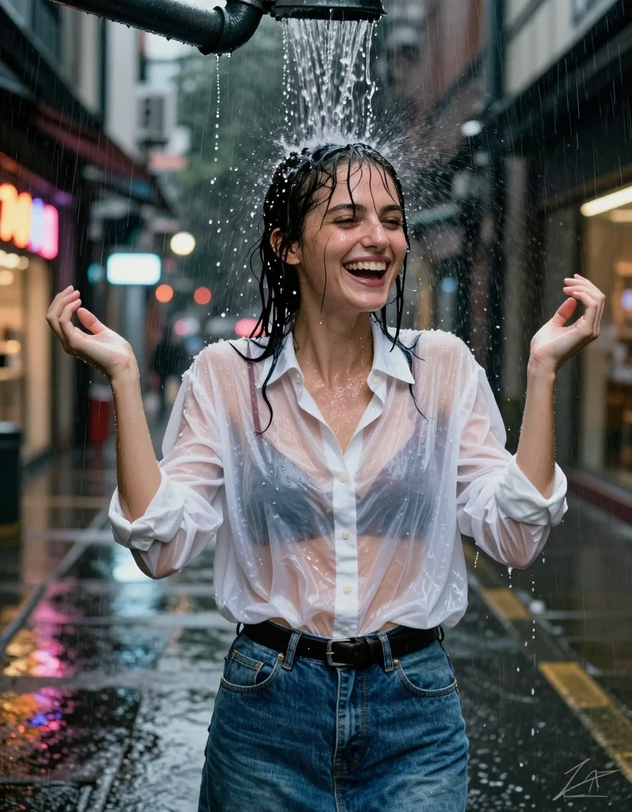 A photorealistic waist-up portrait of a young adult European woman with brunette hair styled in a messy bun, standing on an urban sidewalk at night during a heavy downpour. She is positioned directly under a rooftop drainpipe, with a deluge of water pouring onto her head, causing her hair to be completely drenched and heavy with water droplets clinging to the strands. She is wearing a white oversized cotton button-down shirt that has become translucent and clings to her skin due to saturation, revealing a burgundy bra underneath. She wears a blue denim skirt cinched with a black leather belt. Her expression is one of joyful laughter, head turned slightly to the side with water cascading off her hair and face, hands raised in the air. The background features blurred city storefronts with glowing neon lights reflecting off the wet pavement. High-detail wet skin texture, water sheen on fabric, heavy soaked garment folds, cinematic lighting, sharp focus on the subject, 8k resolution, captured on 35mm lens, atmospheric rainy night aesthetic.